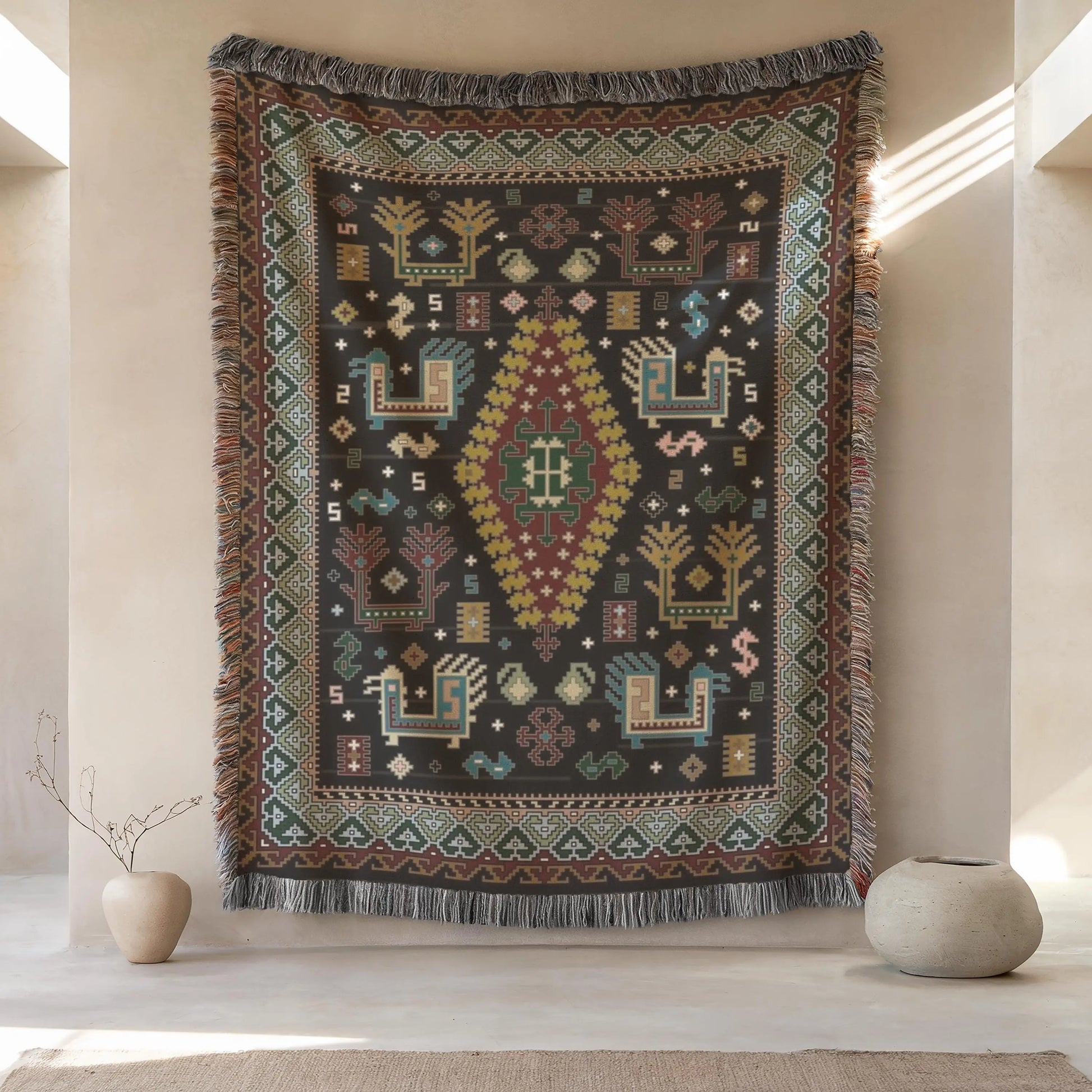 Caucasian Rug Wall Hanging – Ethnic Boho Wall Art | Soft Cotton Blanket Throw