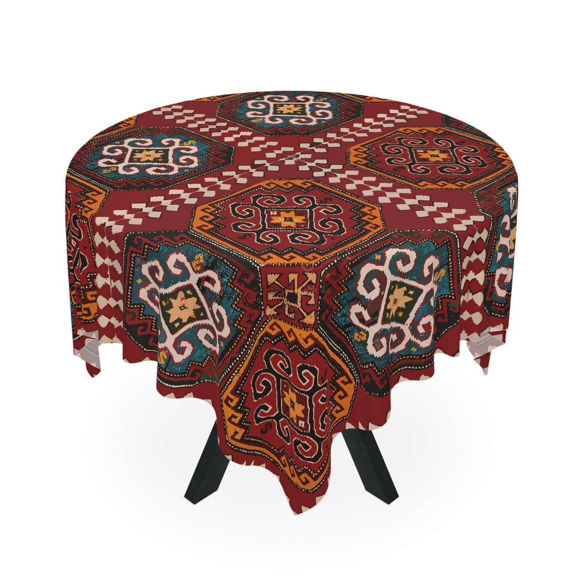 Burgundy Armenian rug design tablecloth on a rectangular table with wooden chairs and house plants