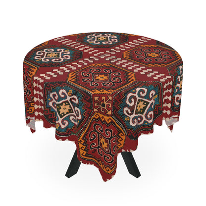 Burgundy Armenian rug design tablecloth on a rectangular table with wooden chairs and house plants