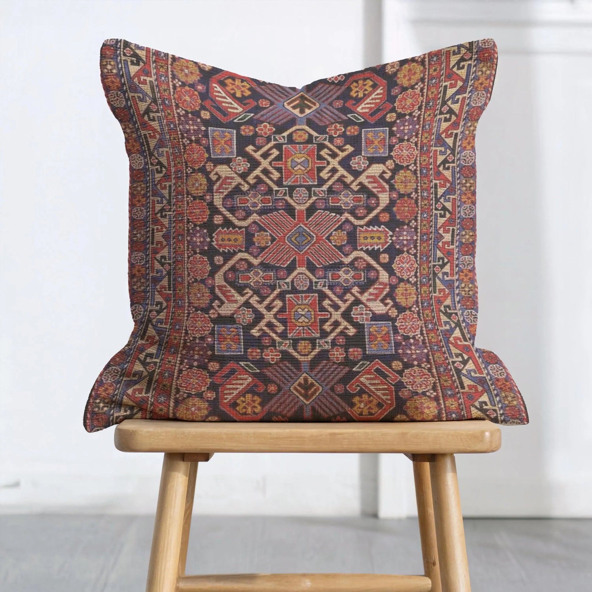 Woven Pillow | Boho Cushion with Turkish Rug Pattern - Accent Throw Pillow