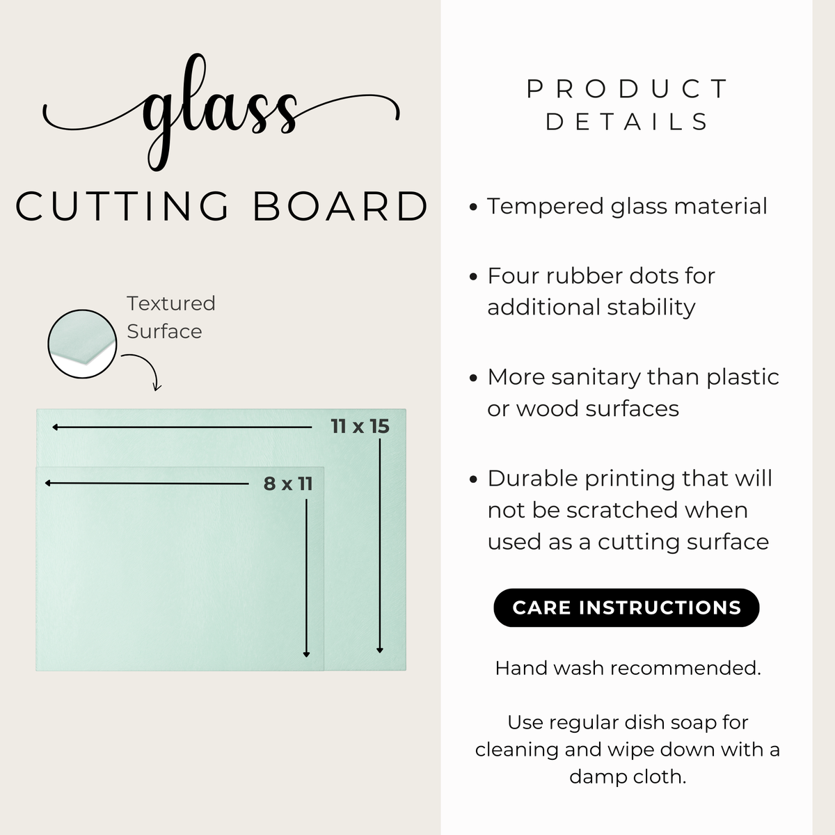Product details card: tempered glass, textured surface, four rubber feet, hand wash with dish soap