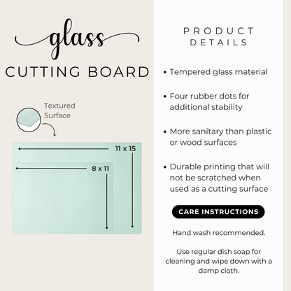 Product details card: tempered glass, textured surface, four rubber feet, hand wash with dish soap