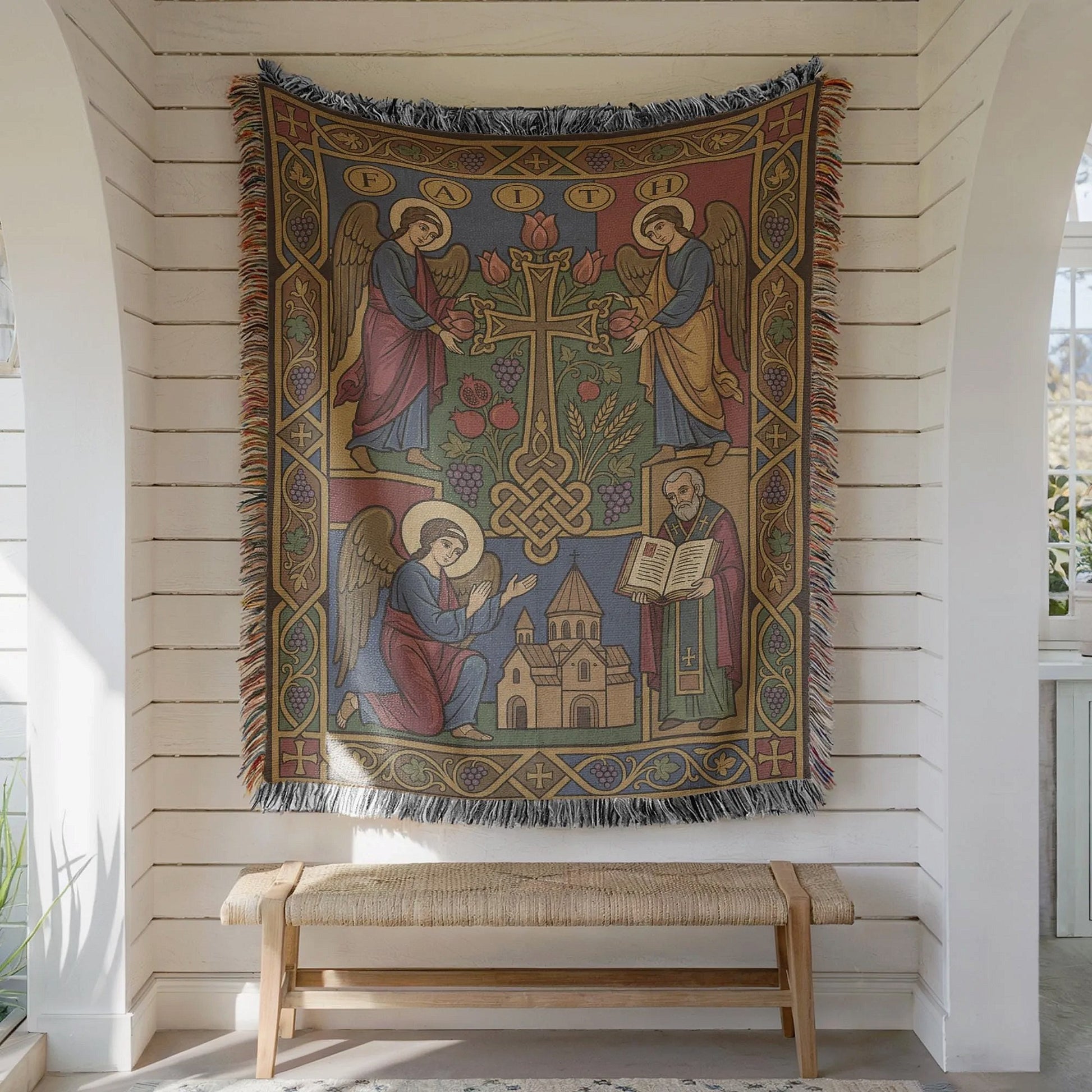 Richly colored Armenian Christian wall tapestry hung on white shiplap above a bench, angels and ornate Armenian cross visible.