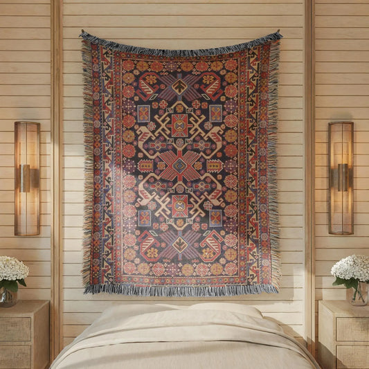 Woven Wall Hanging - Turkish Rug Tapestry With Colorful Fringed Cotton Textile