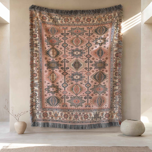 Caucasian Rug Inspired woven wall tapestry with geometric pattern styled as textile wall decor