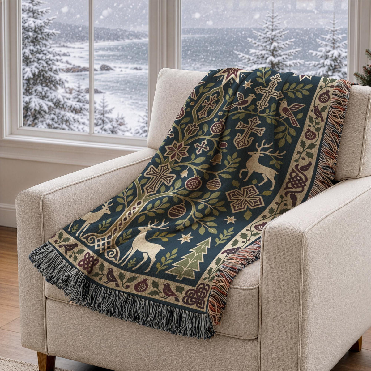 Armenian Christmas woven cotton blanket with fringe. Paired deer stand beside an ornamental pomegranate tree on a dark green background. Small crosses, stars, hanging ornaments and evergreen trees sit within a cream floral border with burgundy accents.