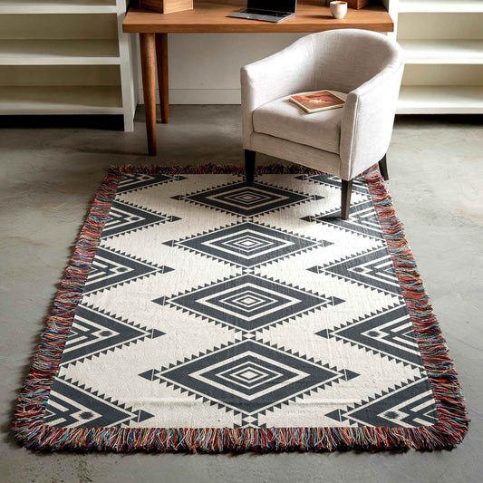 Cotton Throw Blanket - Southwestern Throw With Tribal Pattern & Fringed Edges - timelessbohochic.com