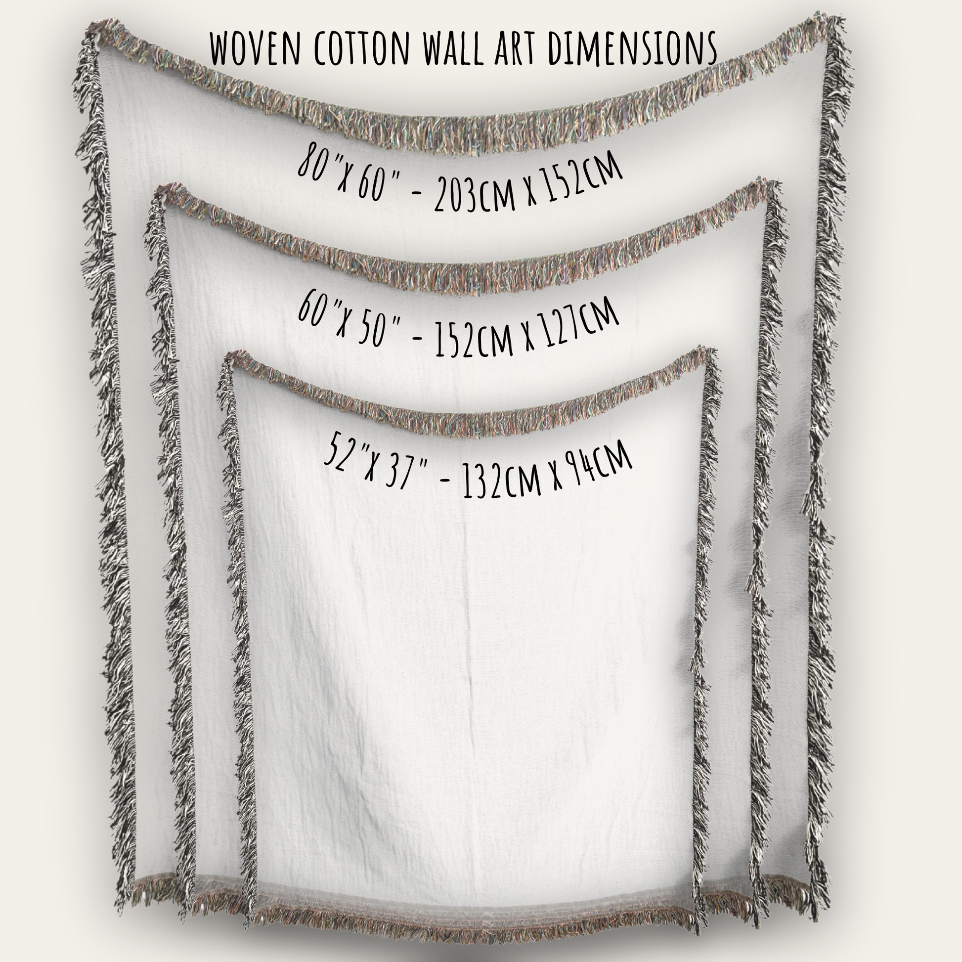 a series of woven cotton wall art pieces, each with a different size and dimensions. The text provides the dimensions of each piece in centimeters, ranging from 80 to 150 centimeters.