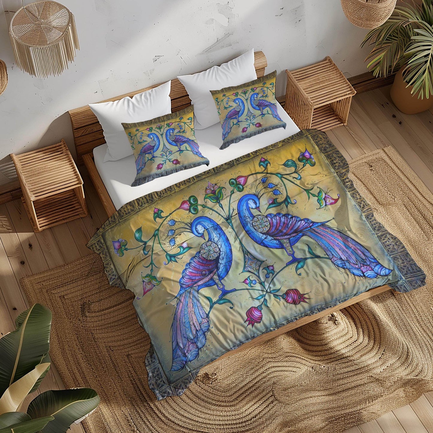 Armenian Birds Duvet Cover - Haykakan Pattern Bedding Set With Decorative Pillowcases - timelessbohochic.com