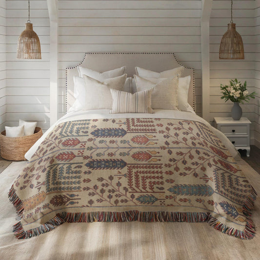 Persian Rug Pillow Blanket - Cotton Throw Blanket & Decorative Cushion Cover | Boho Living Room Decor