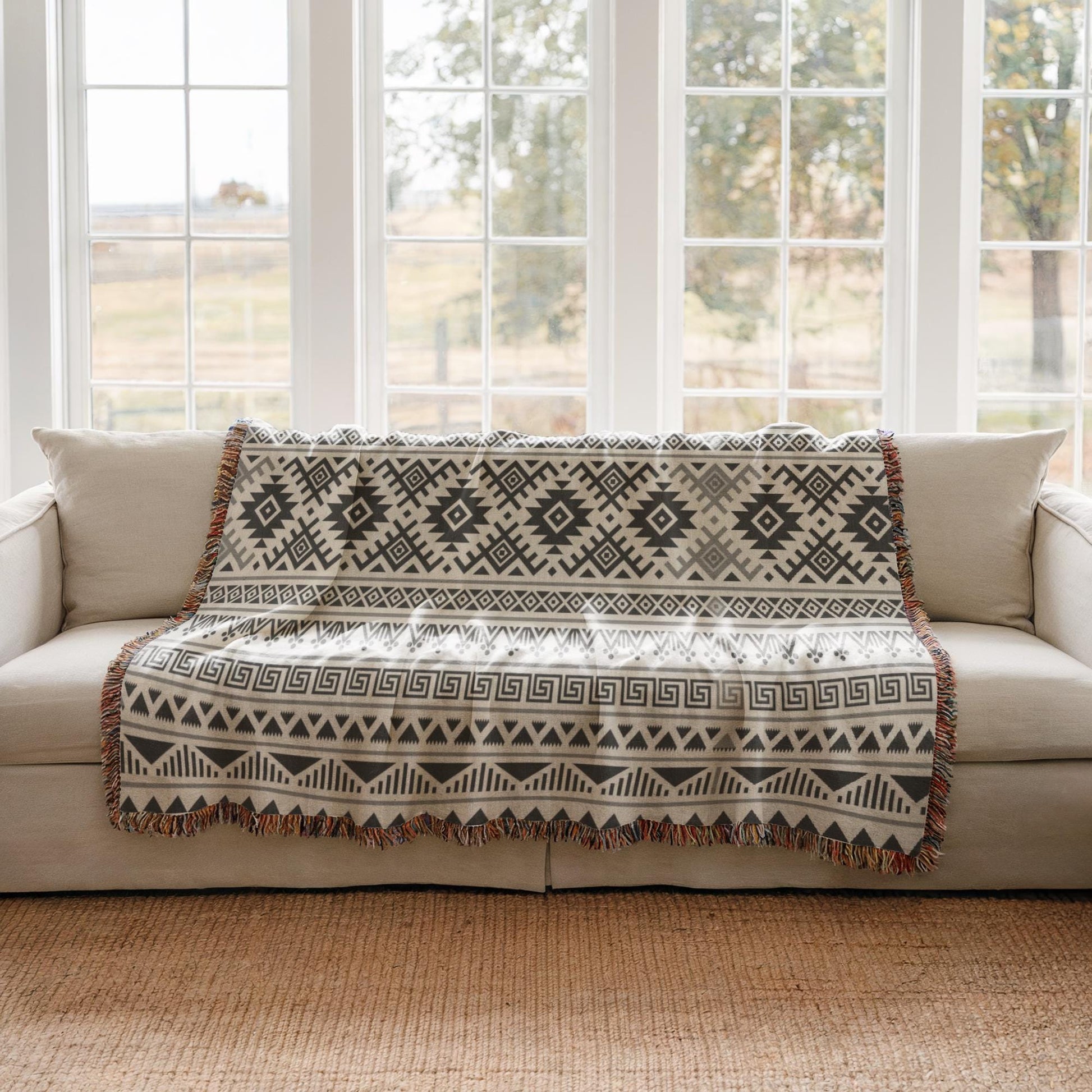 a cozy living room with a beige sofa and a patterned throw blanket draped over it. The blanket has a geometric design in black and white, and it is placed on the sofa, which is positioned in front of a large window. The room has a warm and inviting atmosphere, with the natural light coming in through the window and the wooden floor beneath the sofa.