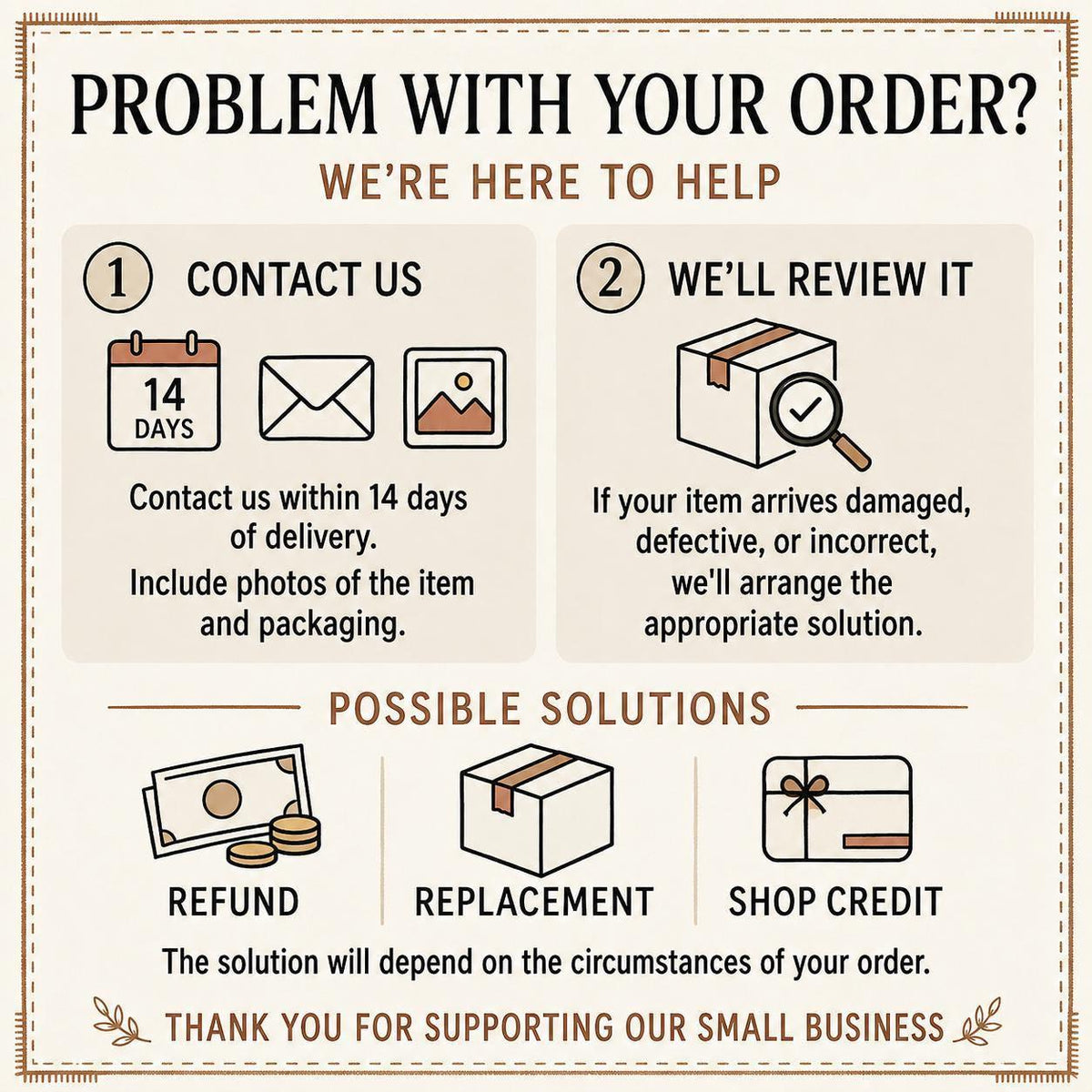 The image is a visual guide for customers to contact a business for assistance with their orders. It includes icons and text to help customers navigate the process of resolving their order-related issues.