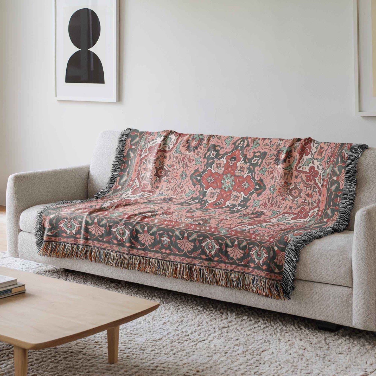 Anatolian Inspired woven blanket with rug-style pattern styled for layered home decor