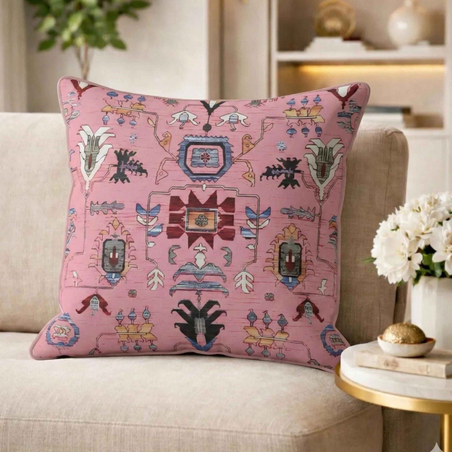 Anatolian Inspired pillow cover with rug-style pattern styled on a sofa or bed