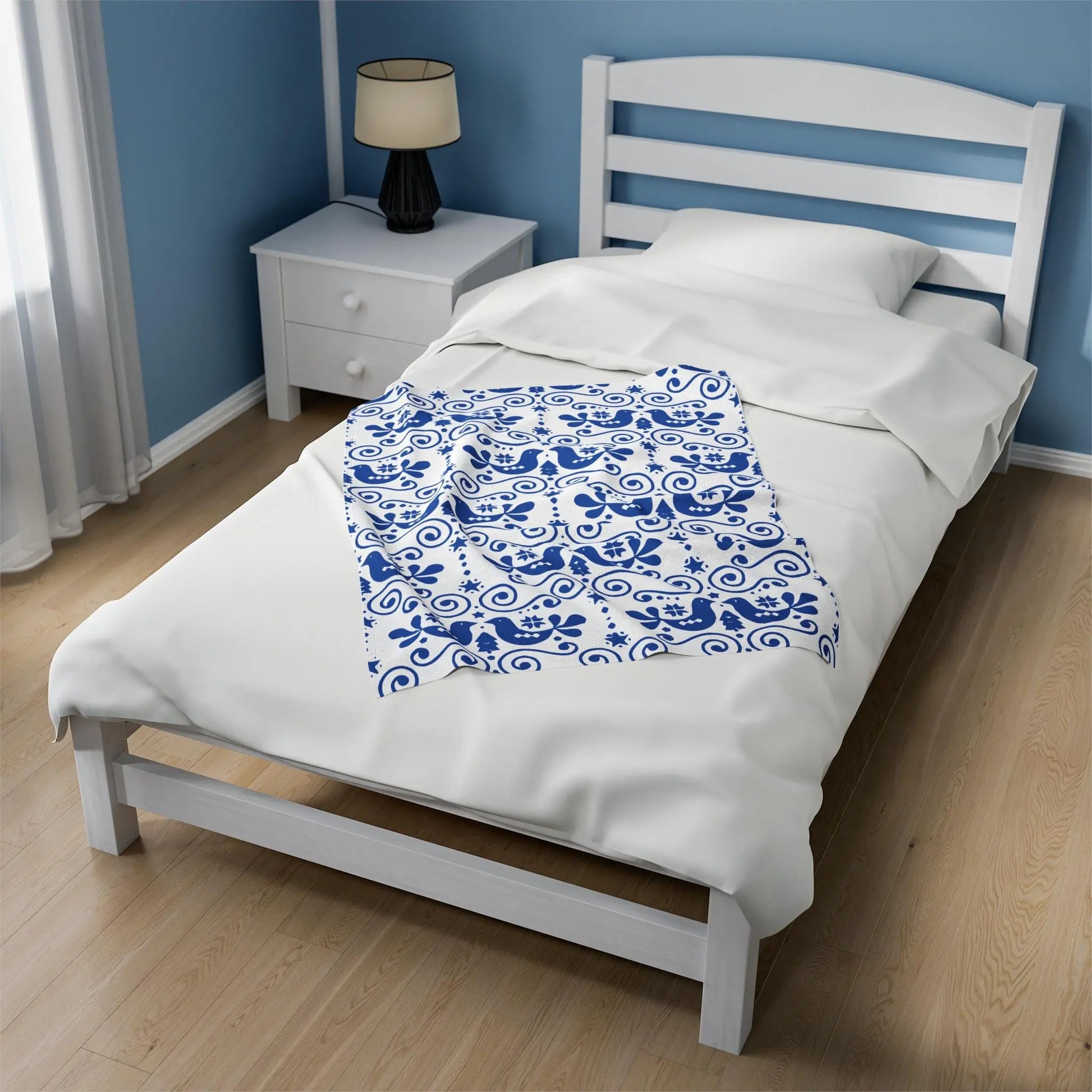 Velveteen Plush Blanket – Scandinavian Blue Bird Throw | Cozy Nordic Decor Gift