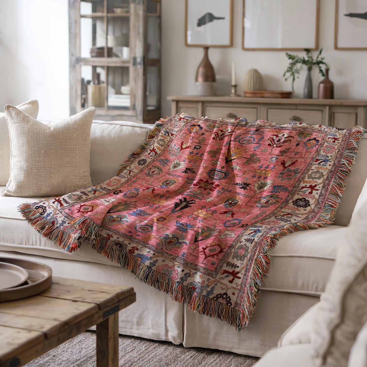 Anatolian Inspired woven blanket with rug-style pattern styled for layered home decor