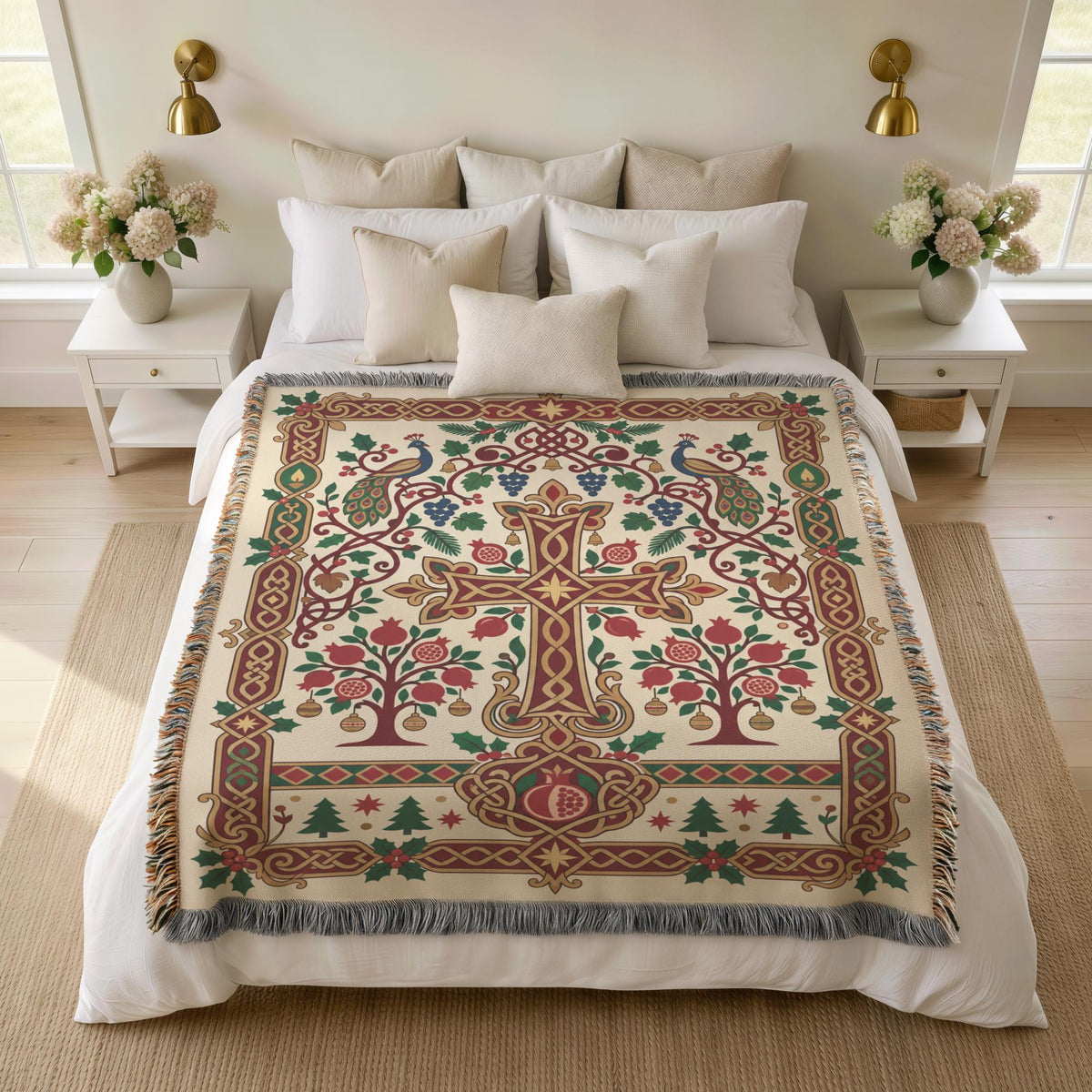 Armenian Christmas woven cotton blanket with fringe. A central ornamental cross stands between branching pomegranate trees on a cream background. Red fruit, green leaves, small Christmas trees and a burgundy-and-gold border create a lighter festive palette.