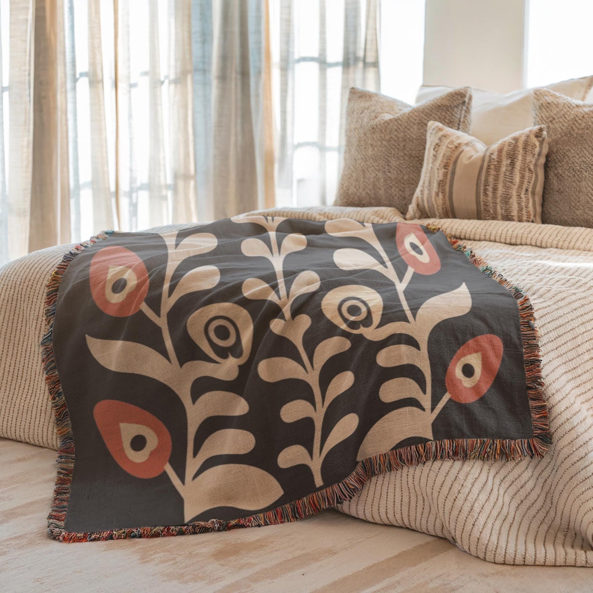 Boho Chic Blanket - Artistic Floral Cotton Woven Throw, Cozy Bedroom Accent & Housewarming Gift