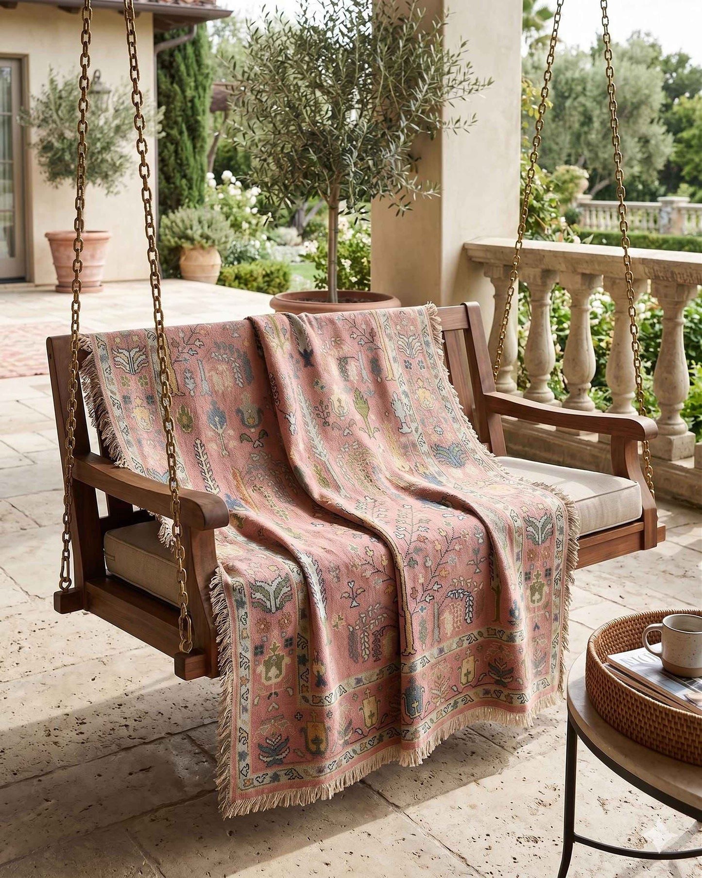 Anatolian Inspired outdoor woven throw blanket with rug-style pattern for patio styling