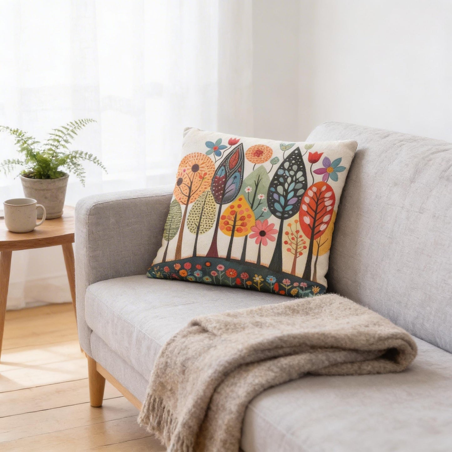 Scandinavian Inspired pillow cover with woven pattern styled on a sofa or bed