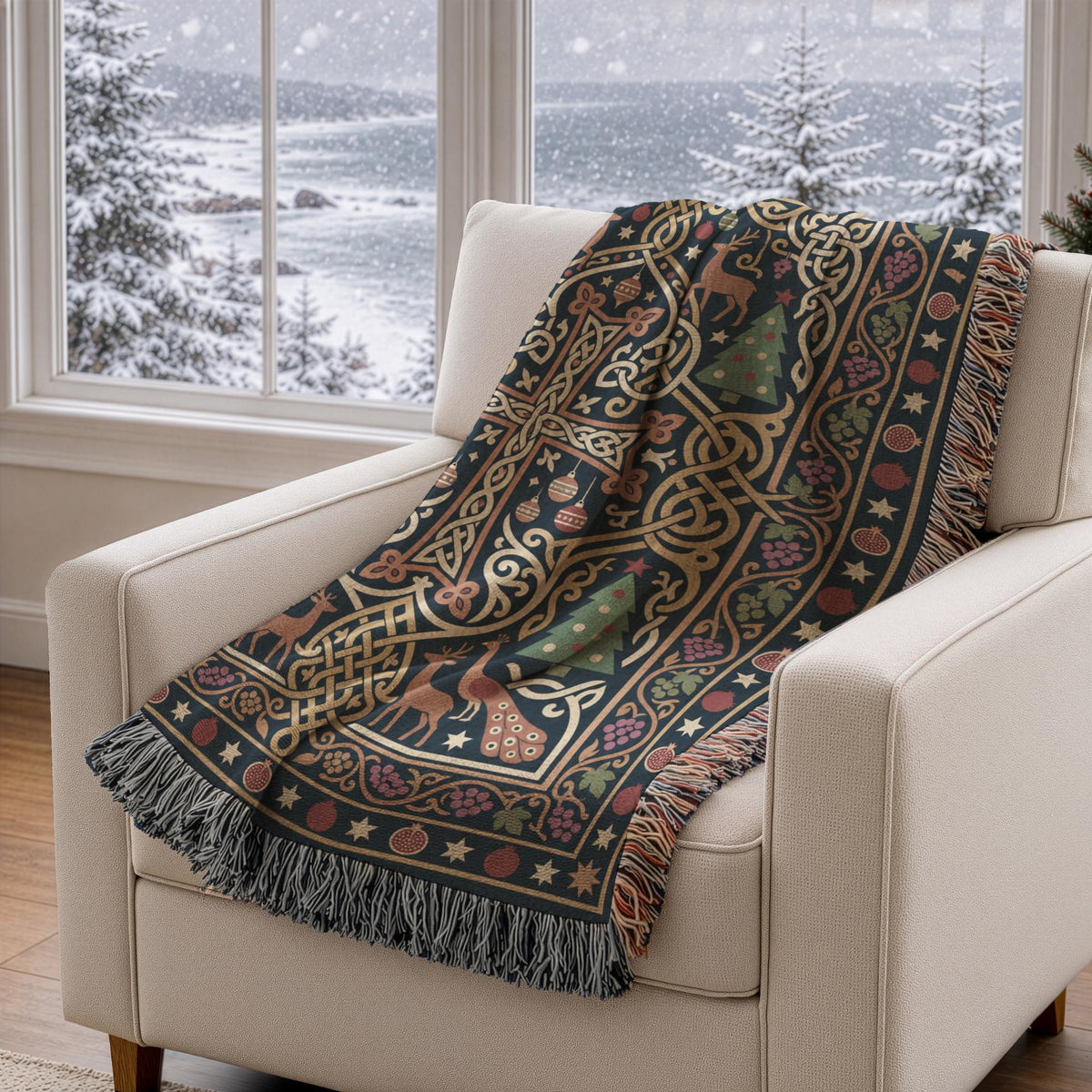 Armenian cross Christmas woven blanket draped over a white armchair by a window with a snowy view