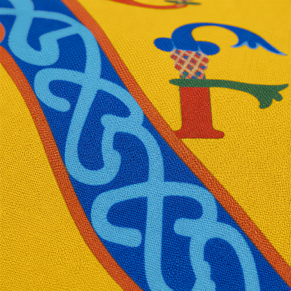 Close view of the blue scalloped border and a red tulip on the yellow ground
