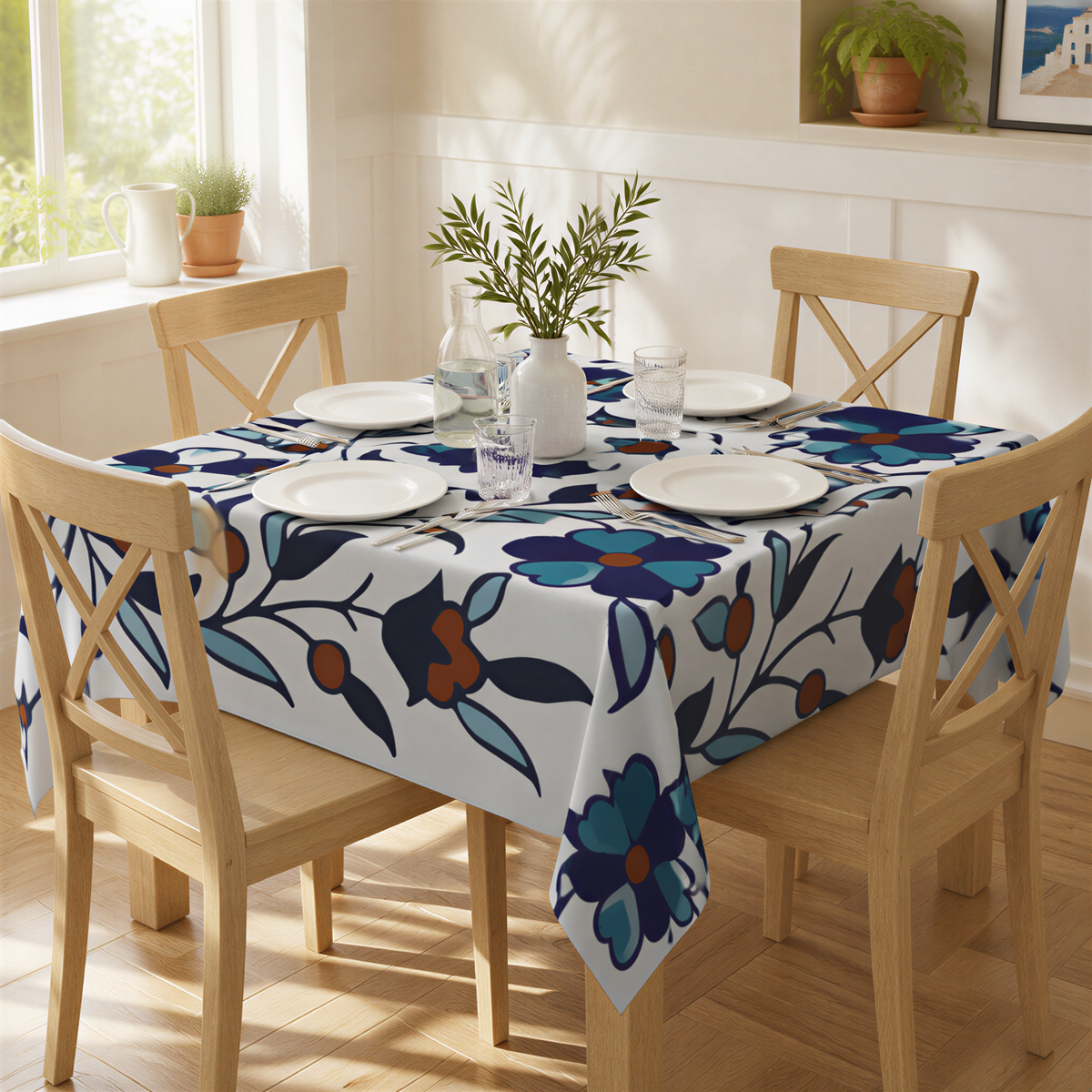 Blue and teal Armenian tablecloth on a table with wooden chairs, white plates and a vase of greenery