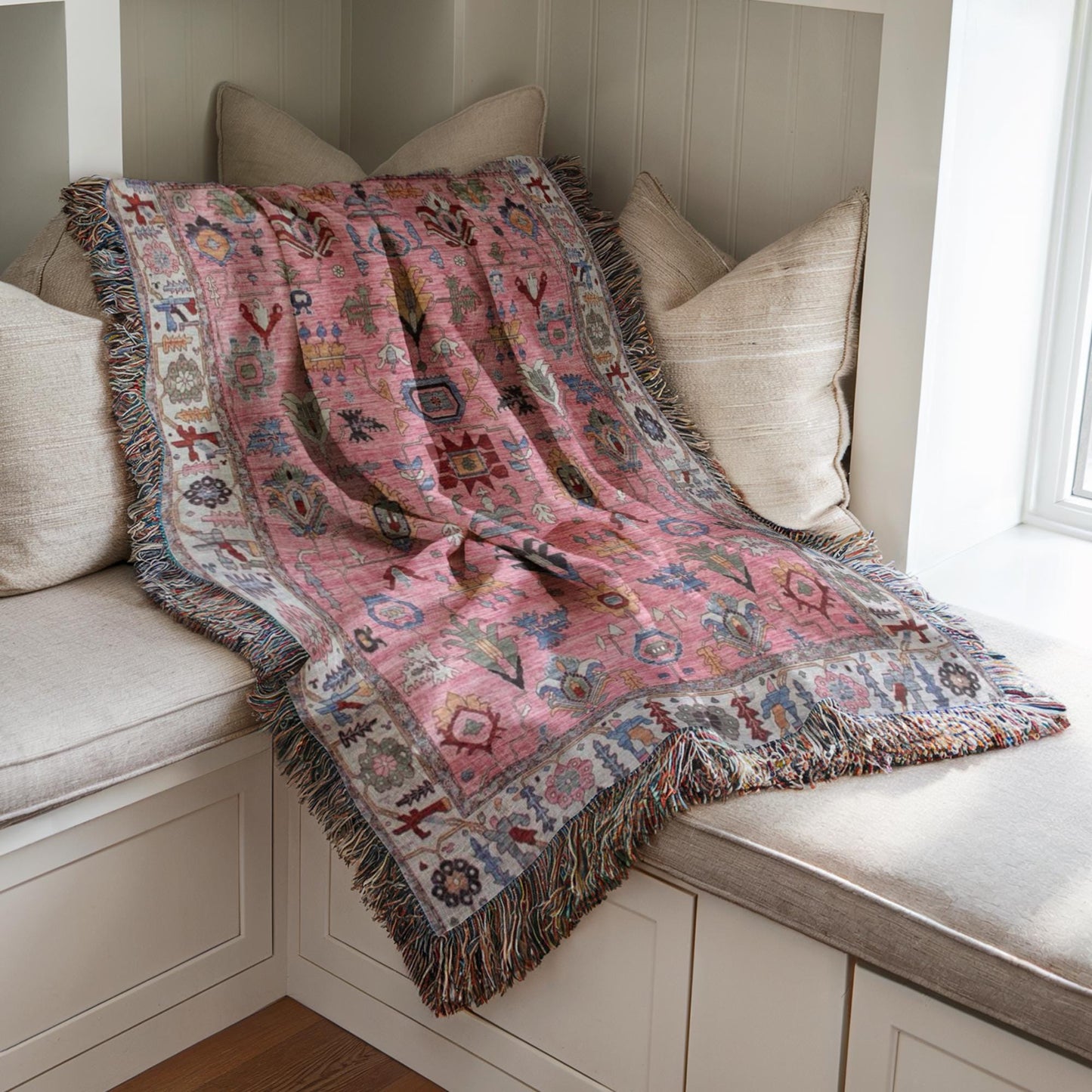 Anatolian Inspired woven blanket with rug-style pattern styled for layered home decor
