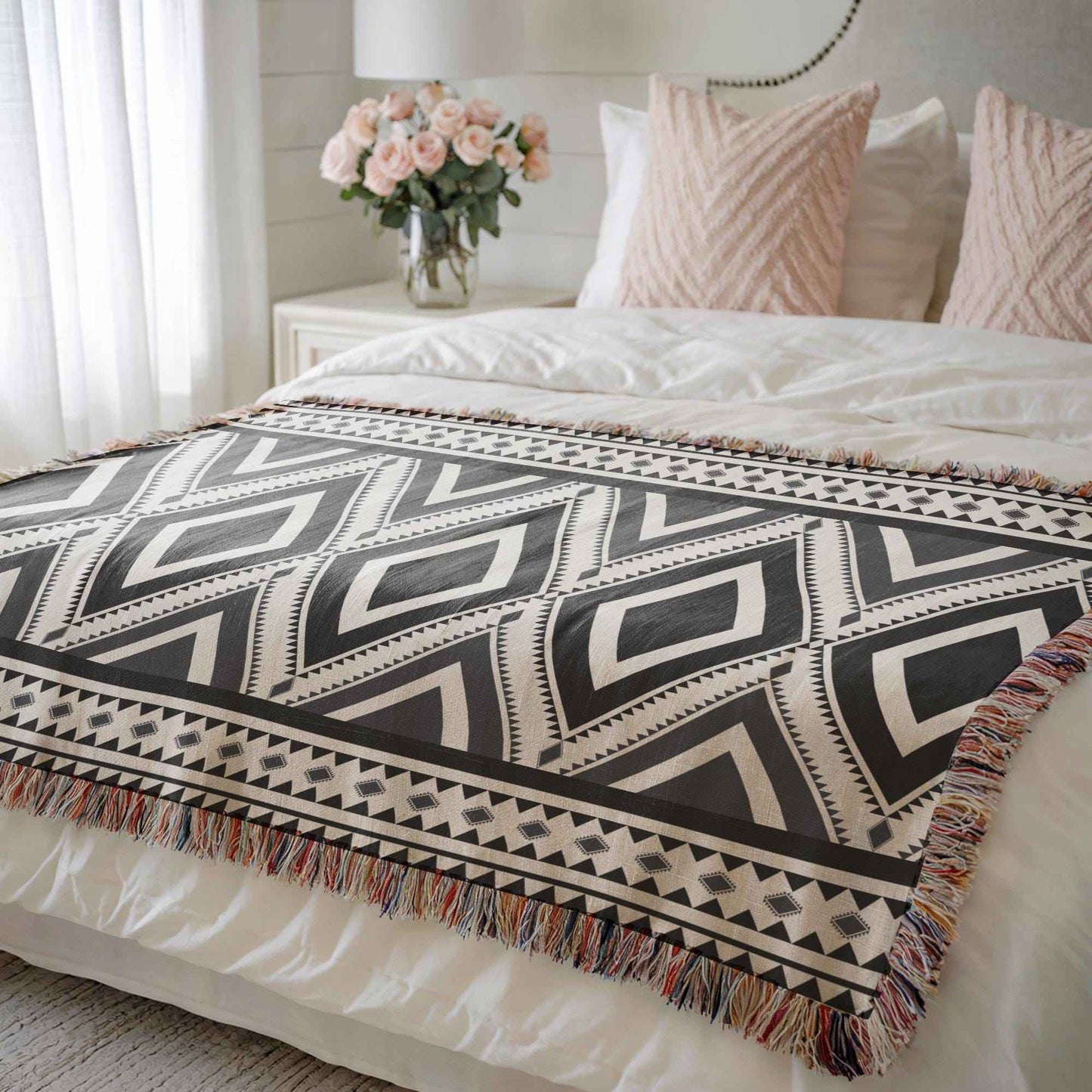 Southwestern woven blanket with geometric pattern styled for layered home decor