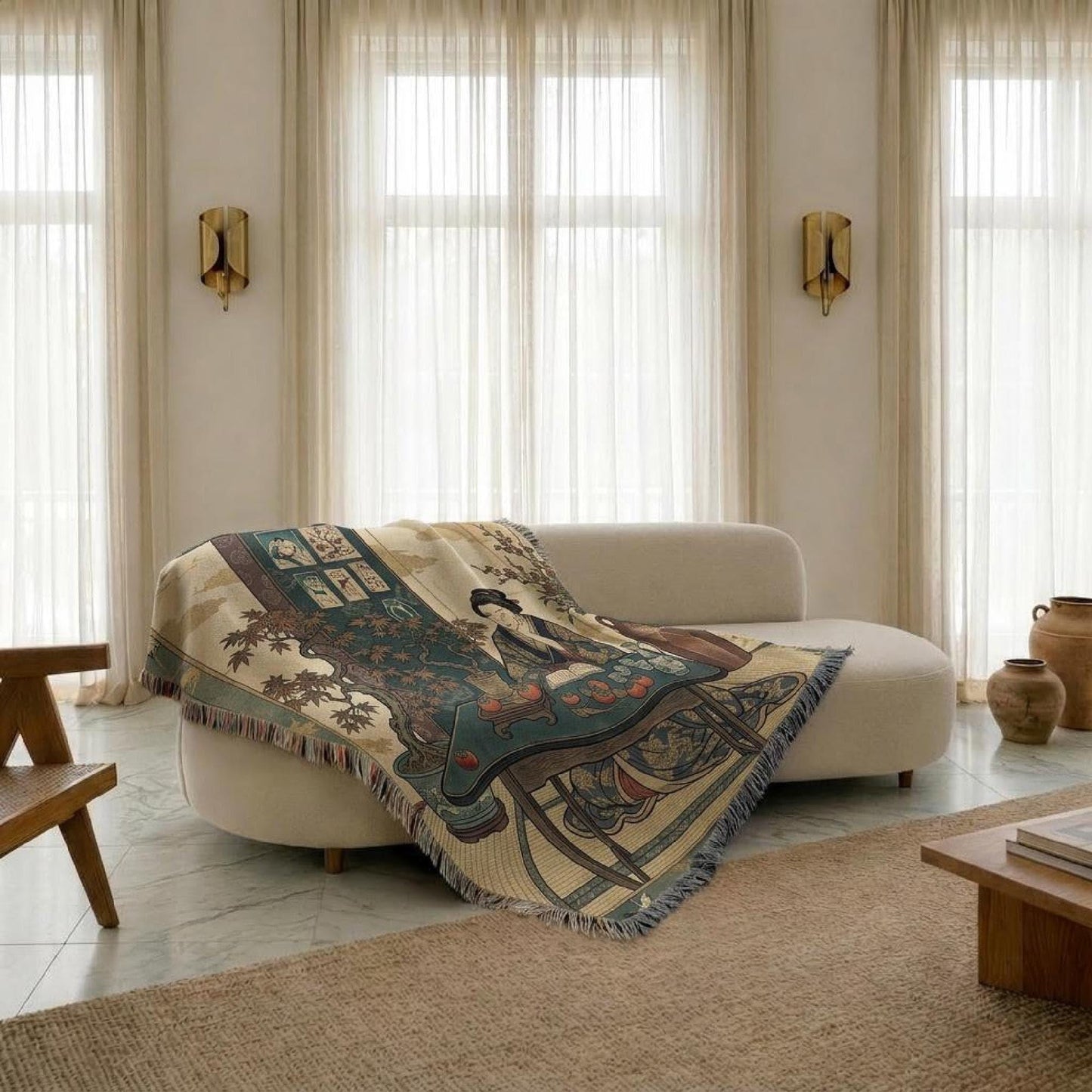 Boho woven blanket with woven pattern styled for layered home decor