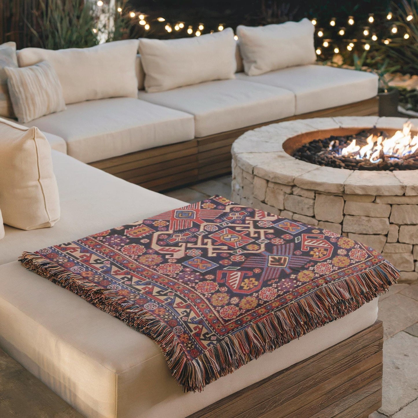 Anatolian Inspired woven wall tapestry with rug-style pattern styled as textile wall decor