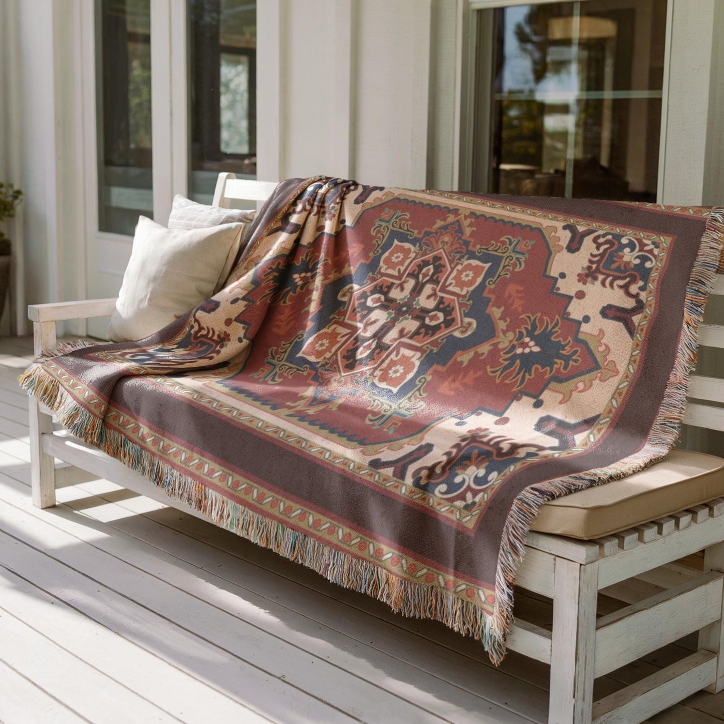 Moroccan Inspired woven wall tapestry with rug-style pattern styled as textile wall decor