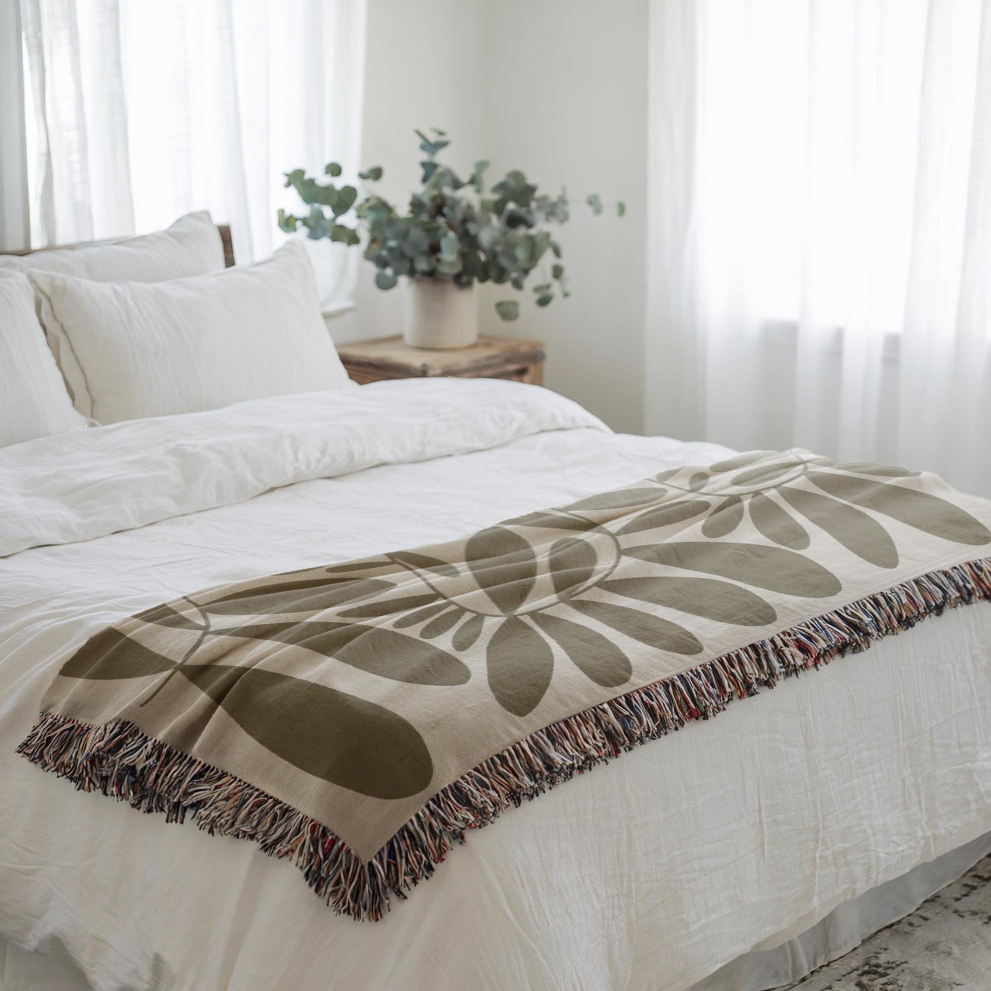 Woven Bedroom Blanket - Mid Century Modern Throw With Scandi Leaves Pattern | Cozy Home Decor