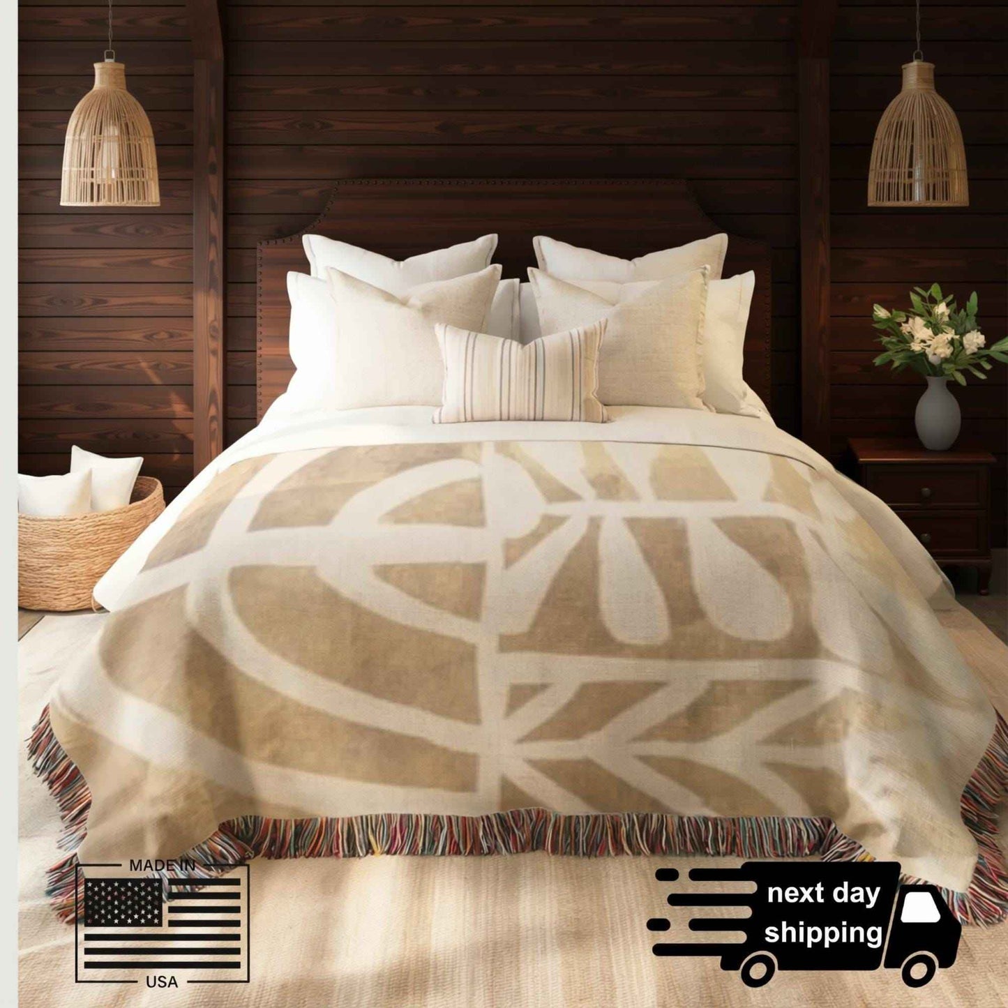 Modern Geometric woven blanket with geometric pattern styled for layered home decor