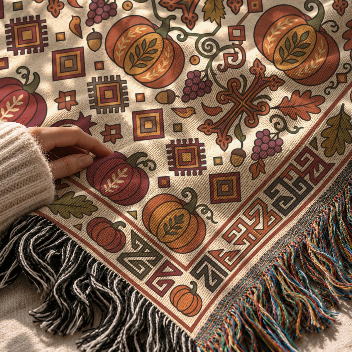 Close-up of the cream and rust Ghapama weave held in one hand, showing pumpkins and autumn leaves