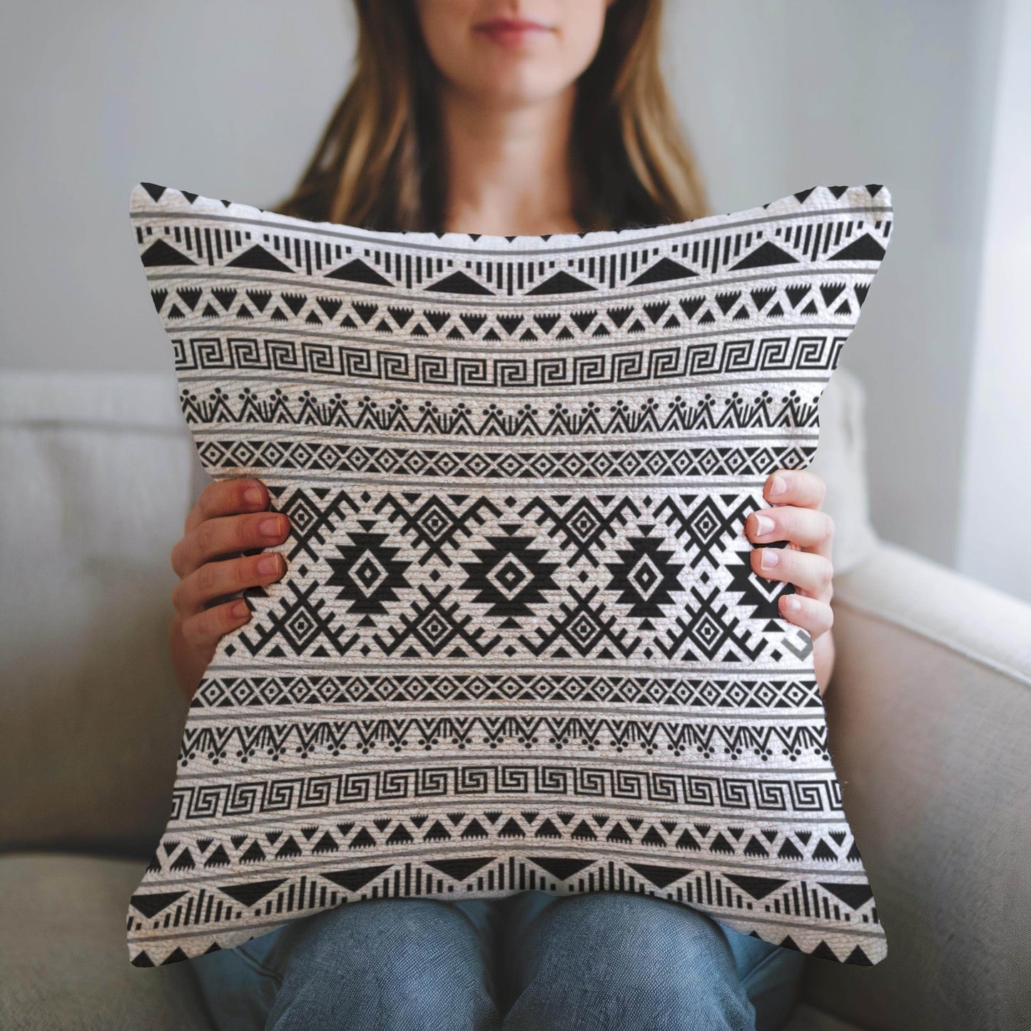 Boho Woven Pillow - Cotton Ikat Pattern, Vintage Tapestry Throw Cushion - timelessbohochic.com