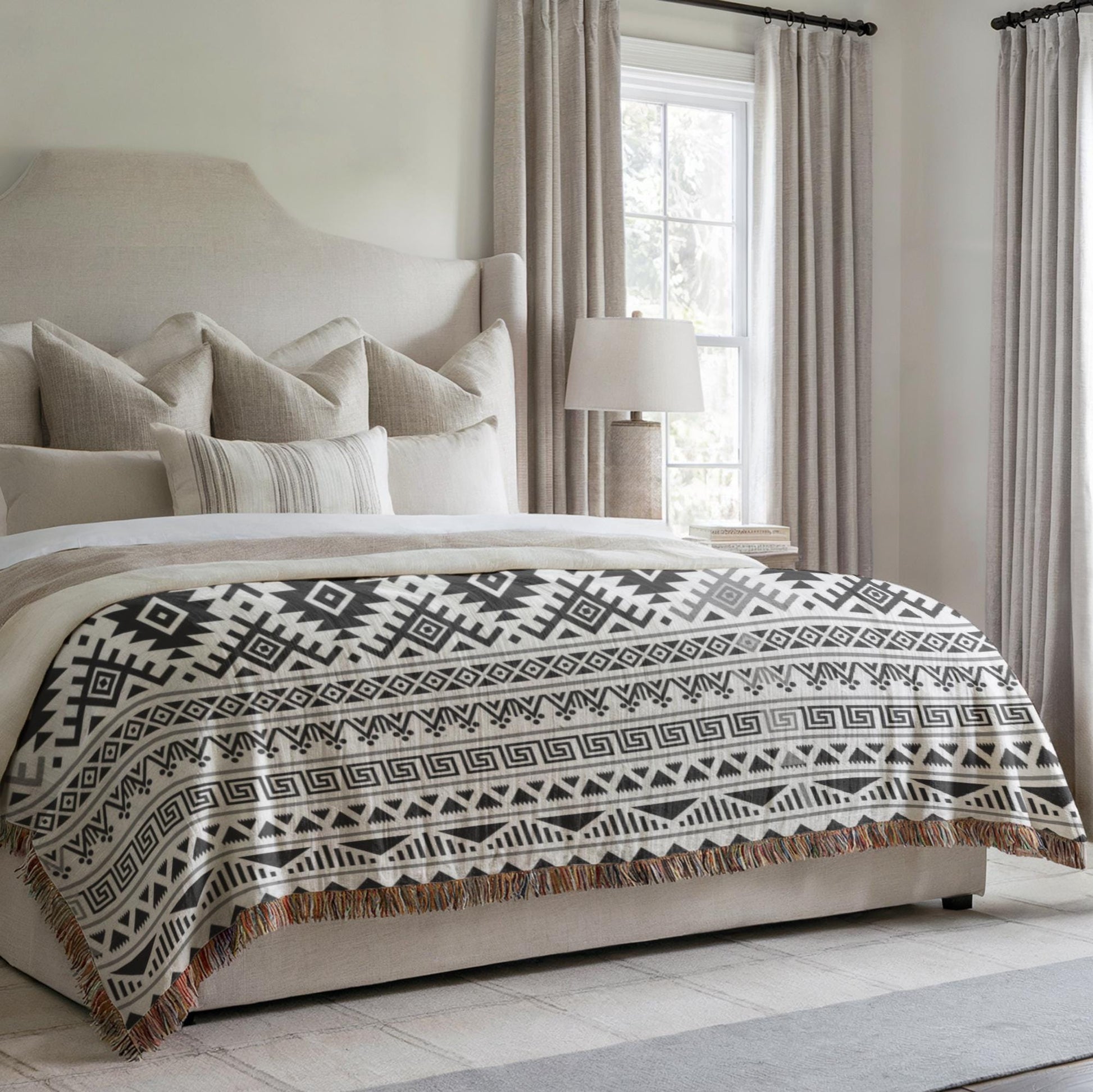 a well-decorated bedroom with a large bed featuring a patterned blanket and multiple pillows. The bed is positioned against a wall with a window, and there is a lamp on a side table next to the bed.
