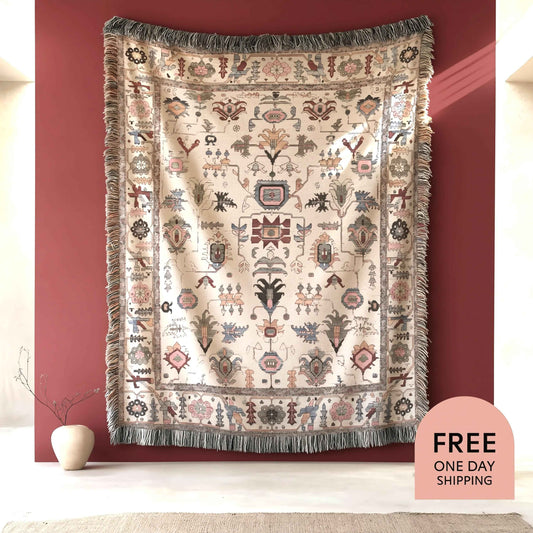 Caucasian Rug Inspired woven wall tapestry with geometric pattern styled as textile wall decor