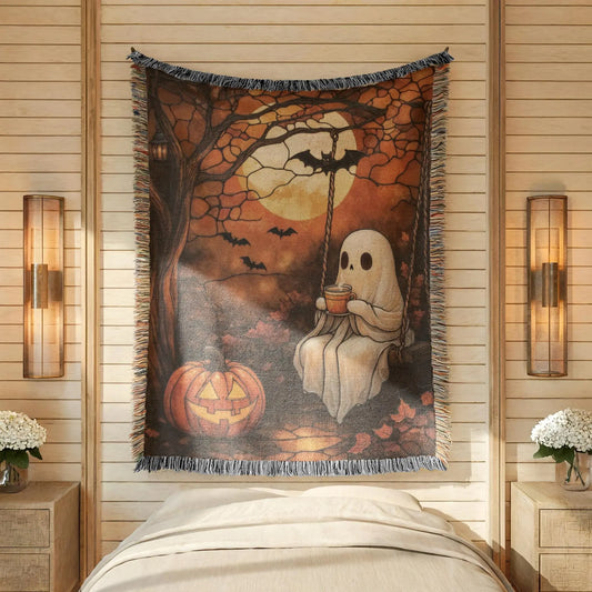 Woven Ghost Blanket – Cozy Throw Blanket with Pumpkin Moon Design | Spooky Home Decor