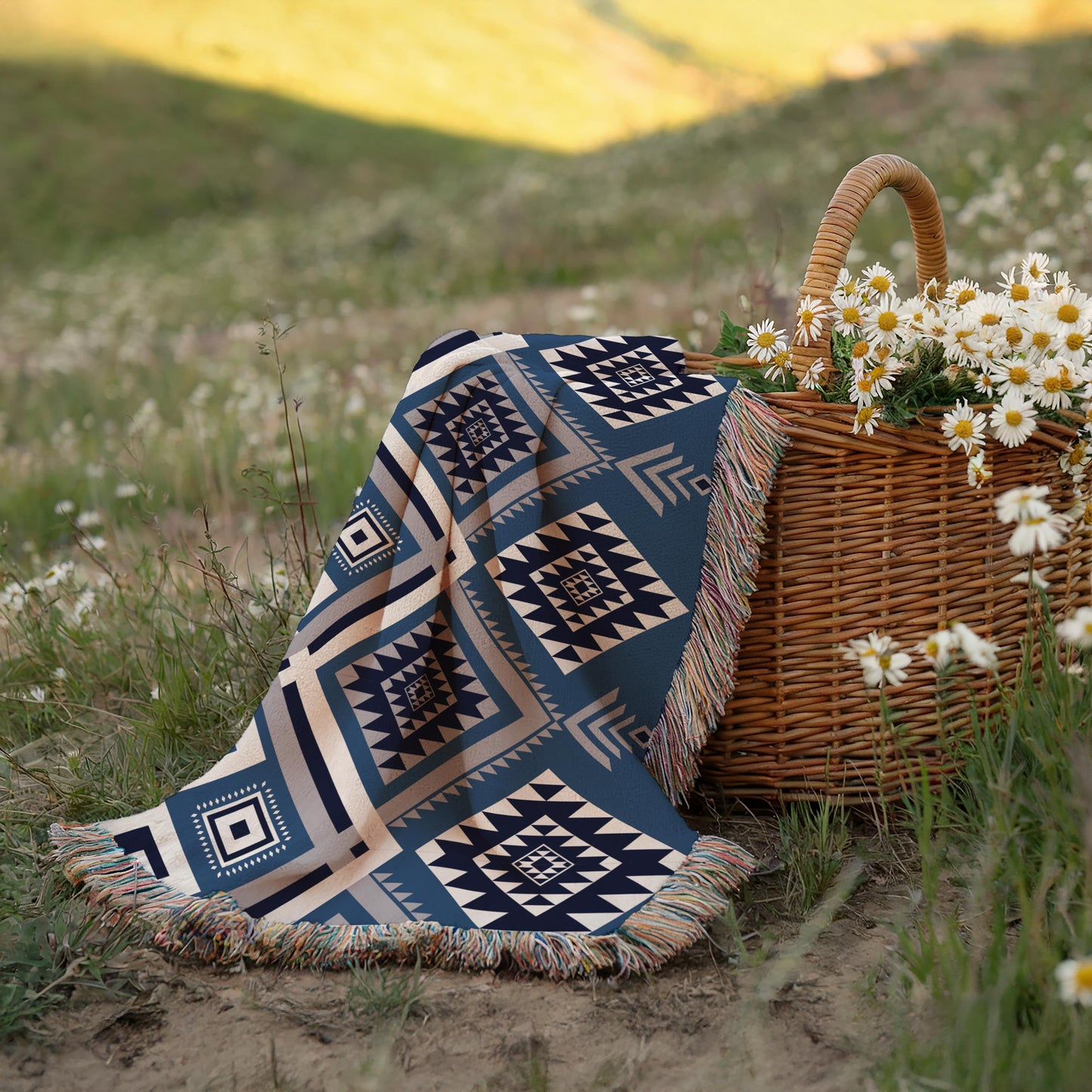 Personalized Woven Blanket – Aztec Pattern Throw | Outdoor Picnic Blanket with Colorful Fringed Edges