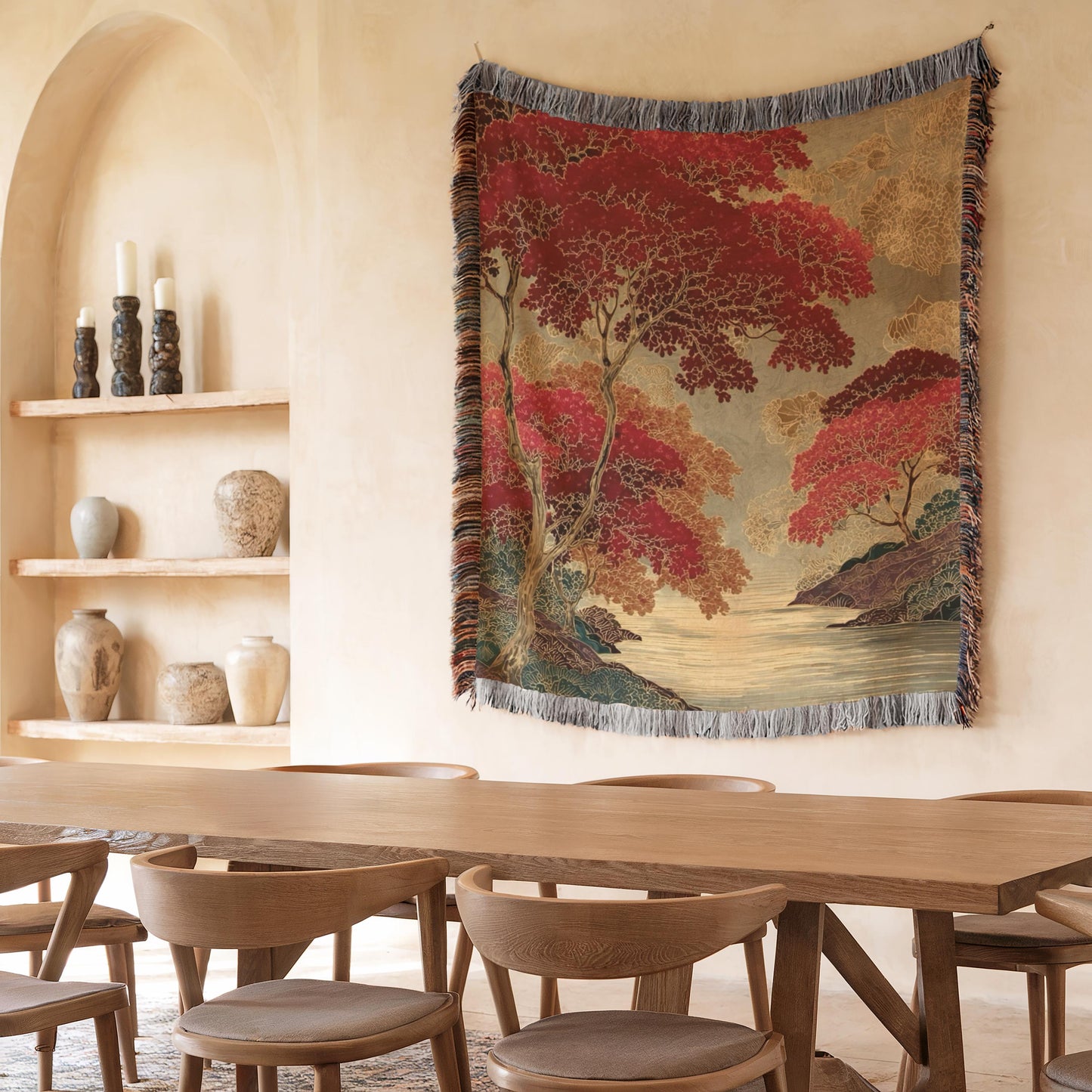 Scandinavian Inspired woven wall tapestry with rug-style pattern styled as textile wall decor