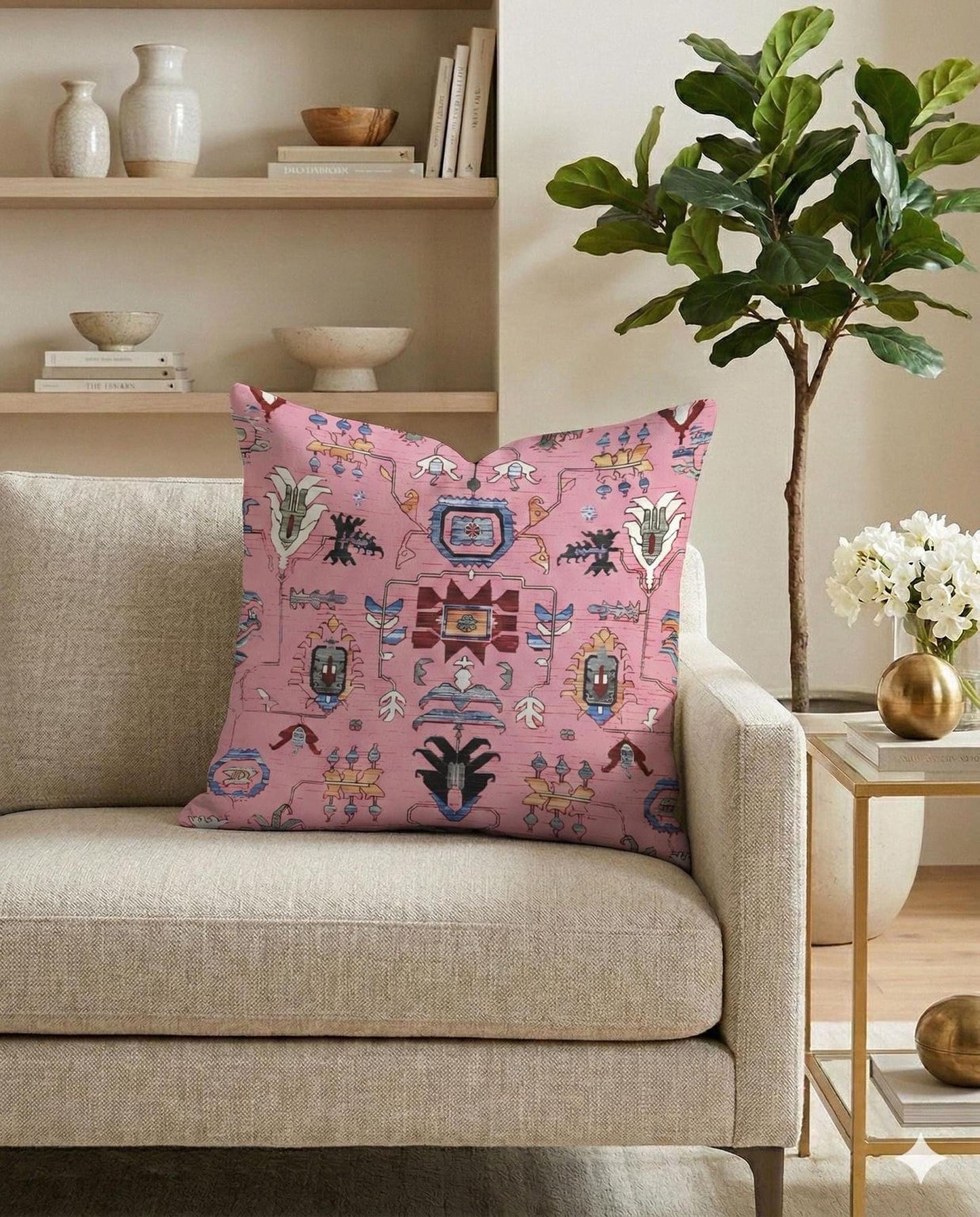 Anatolian Inspired pillow cover with rug-style pattern styled on a sofa or bed