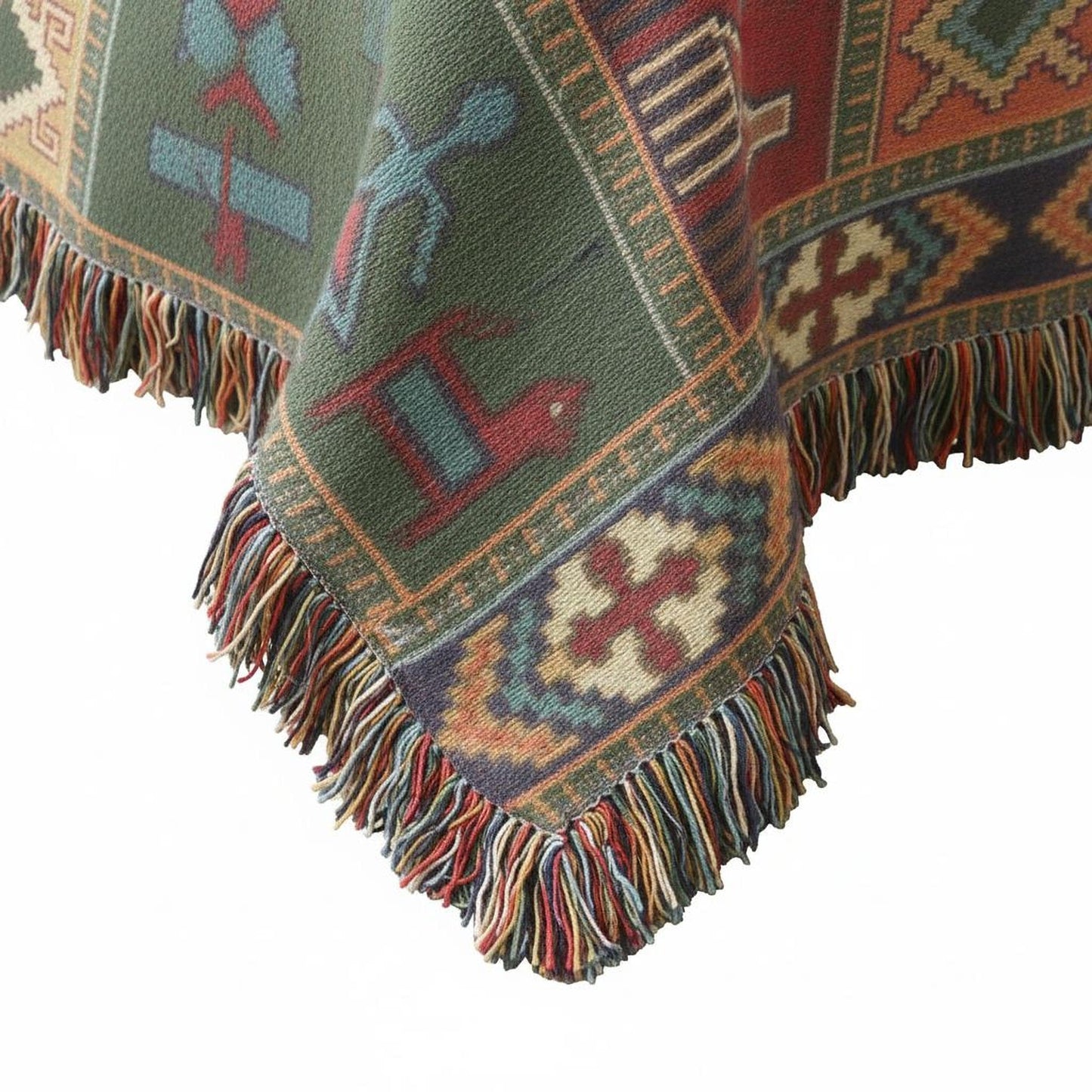 Anatolian Inspired woven blanket with rug-style pattern styled for layered home decor