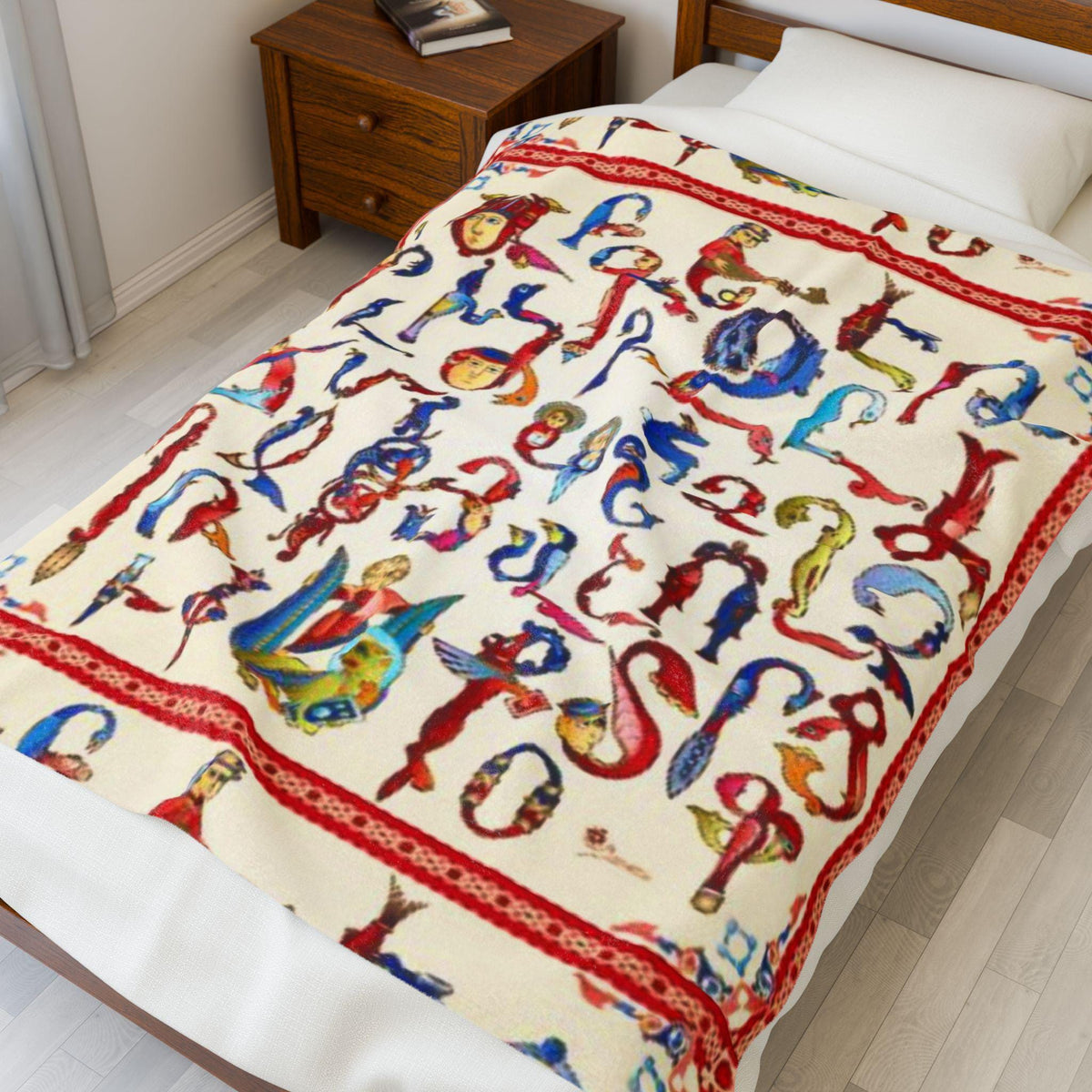 Armenian alphabet plush blanket with bird and animal letters on cream, patterned red border