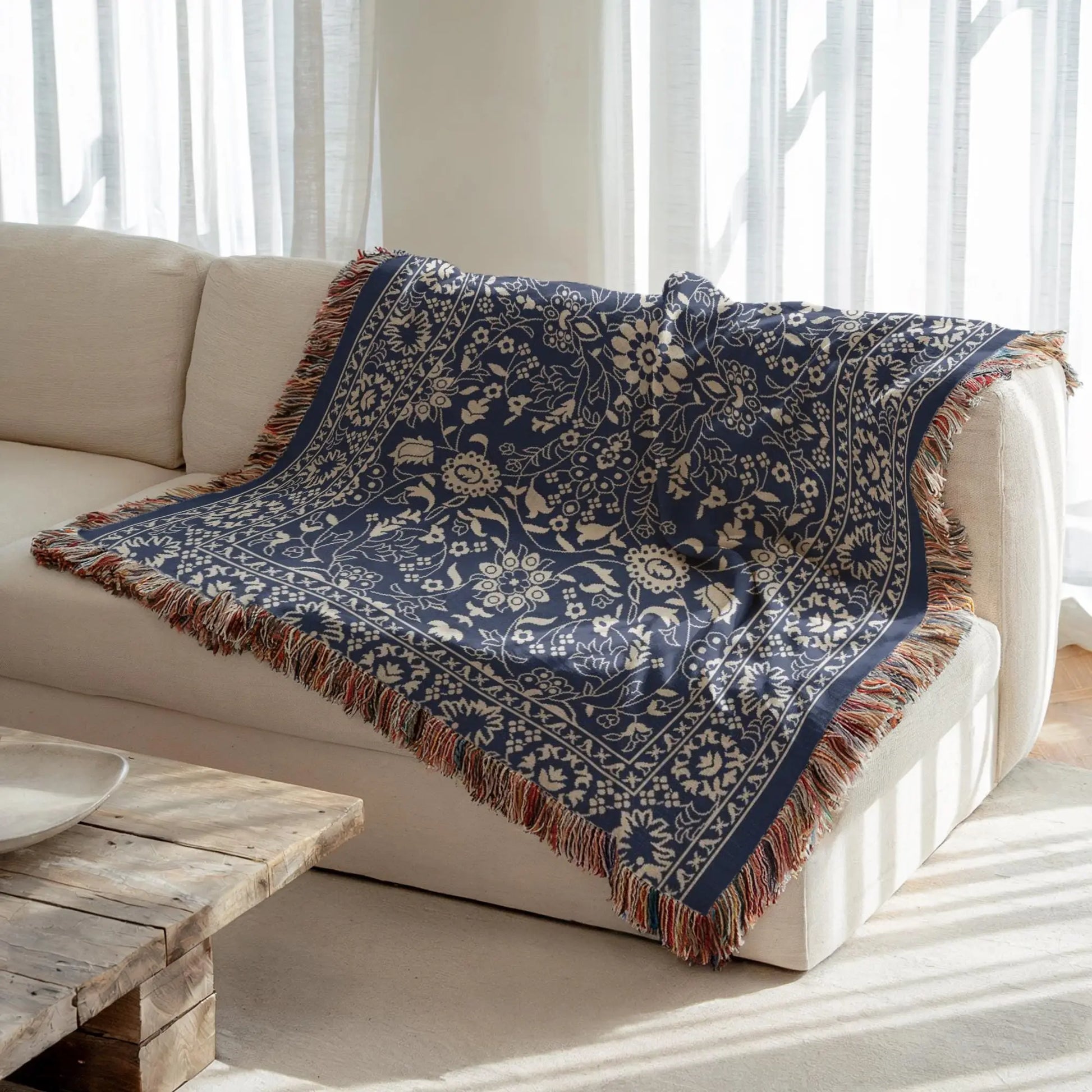 Persian Rug Throw - Boho Style Dark Blue Blanket | Handmade Woven Cotton Throw