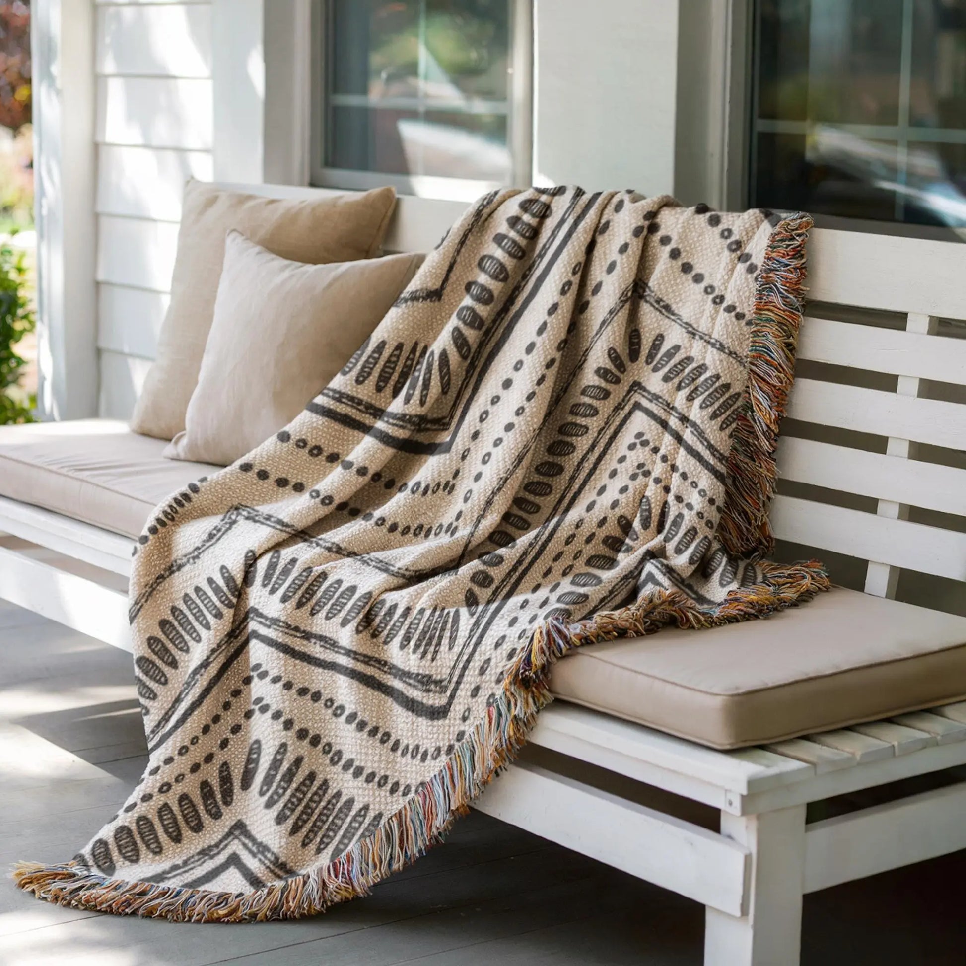Woven Cotton Throw - Black White Tribal Ikat Blanket | Minimalist Geometric Decor