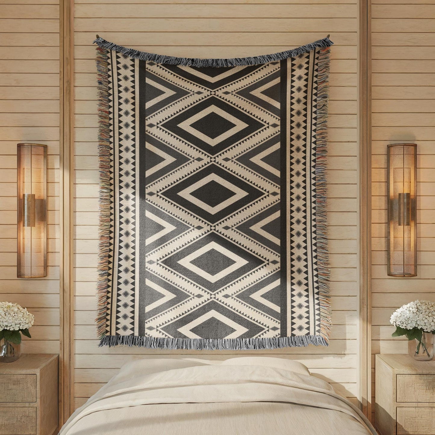 Southwestern woven blanket with geometric pattern styled for layered home decor