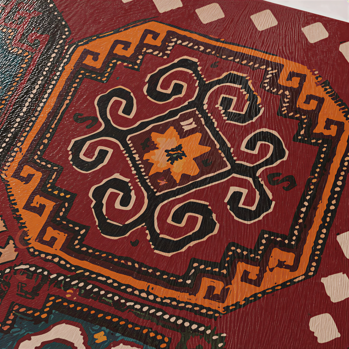 Close view of the rug medallions in red, orange and black with hooked ornament