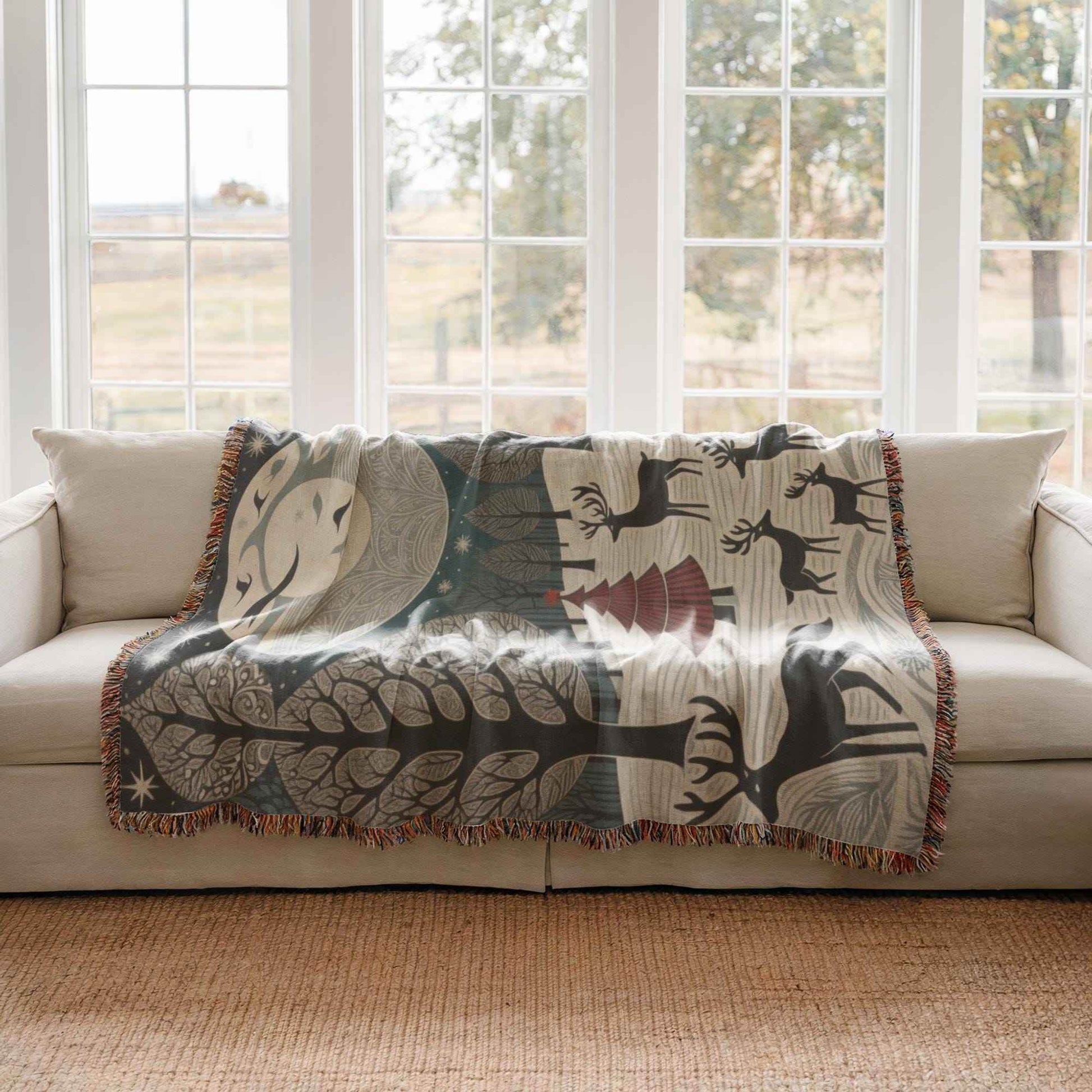 Holiday Couch Cover - Cozy Cotton Throw with Reindeer Blanket | Winter Forest Decor - timelessbohochic.com