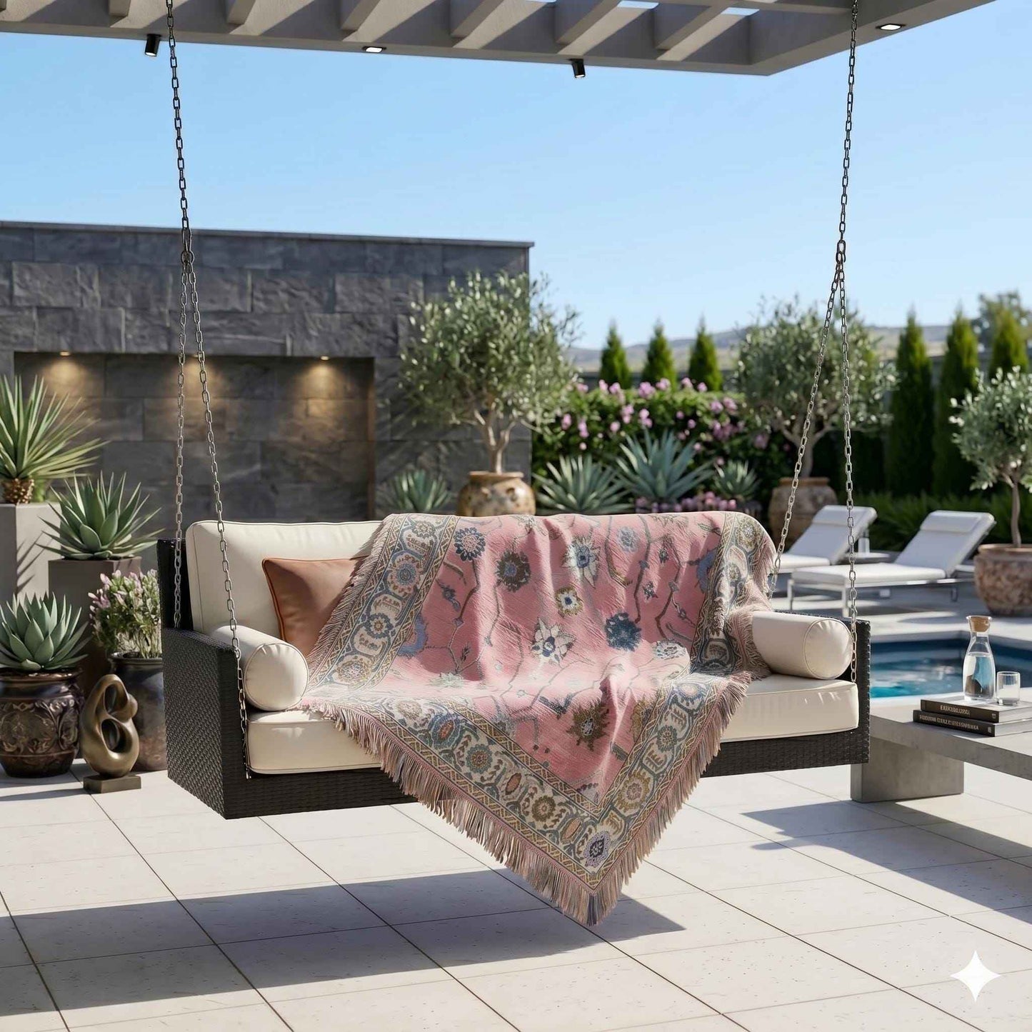 Anatolian Inspired outdoor woven throw blanket with rug-style pattern for patio styling
